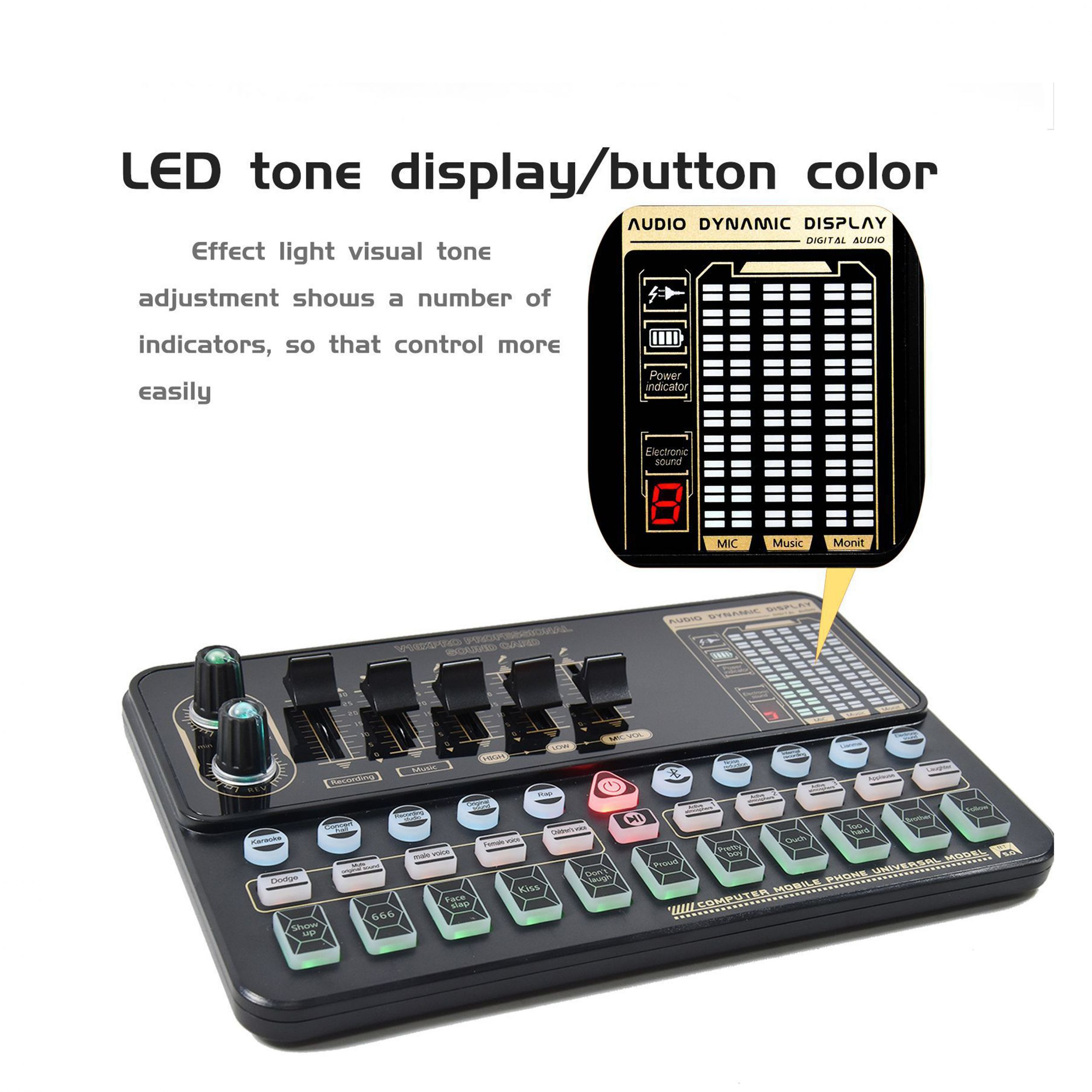 Tarjeta de sonido de audio. Tiene botones y una pantalla. Los colores son negro y verde.