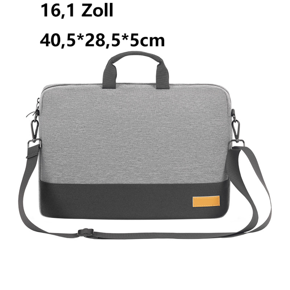 Bolsa para portátil gris y negra con asa y correa para el hombro. Se muestran las dimensiones.
