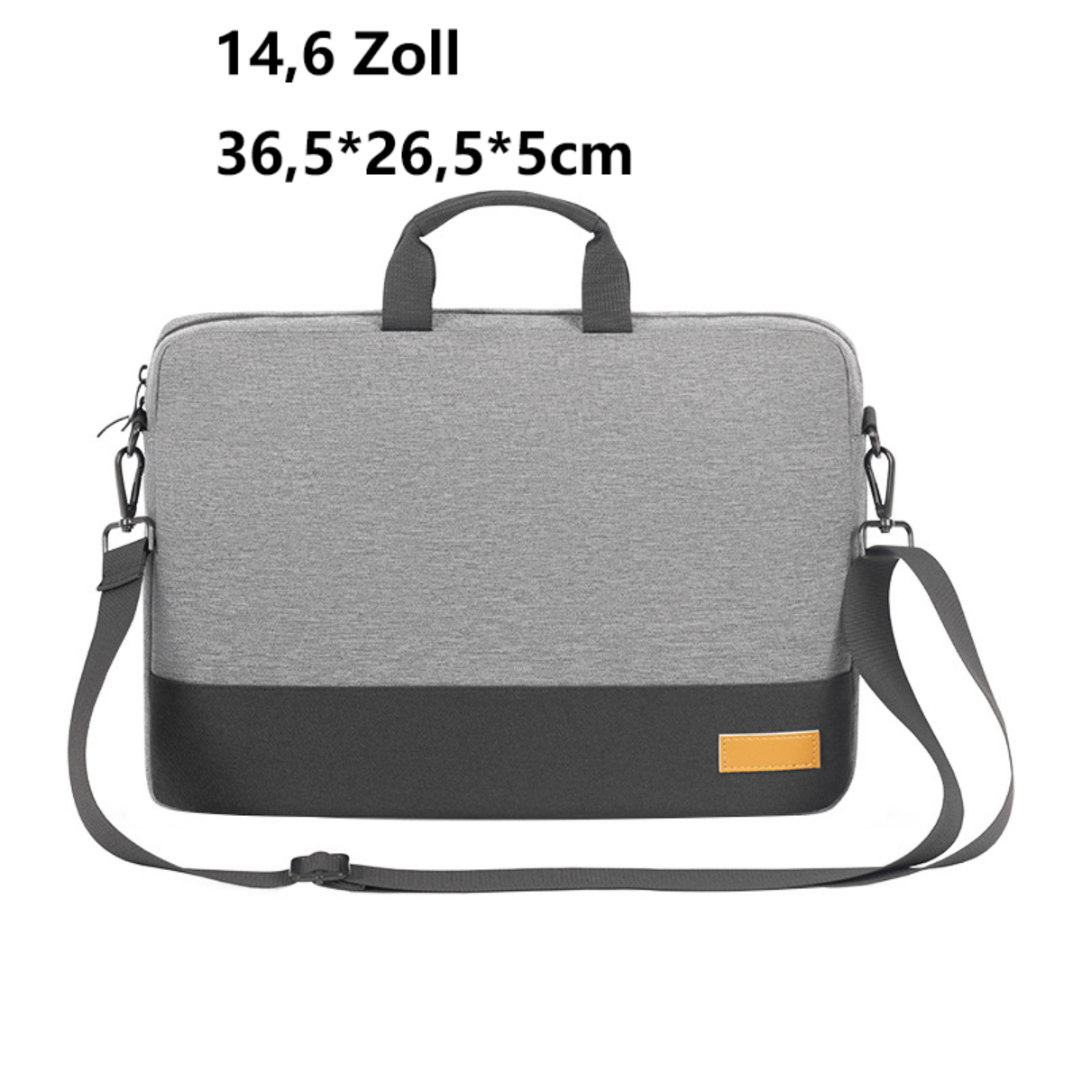 Bolsa gris para portátil con parte inferior negra y asa. Tiene correa para el hombro y etiqueta.
