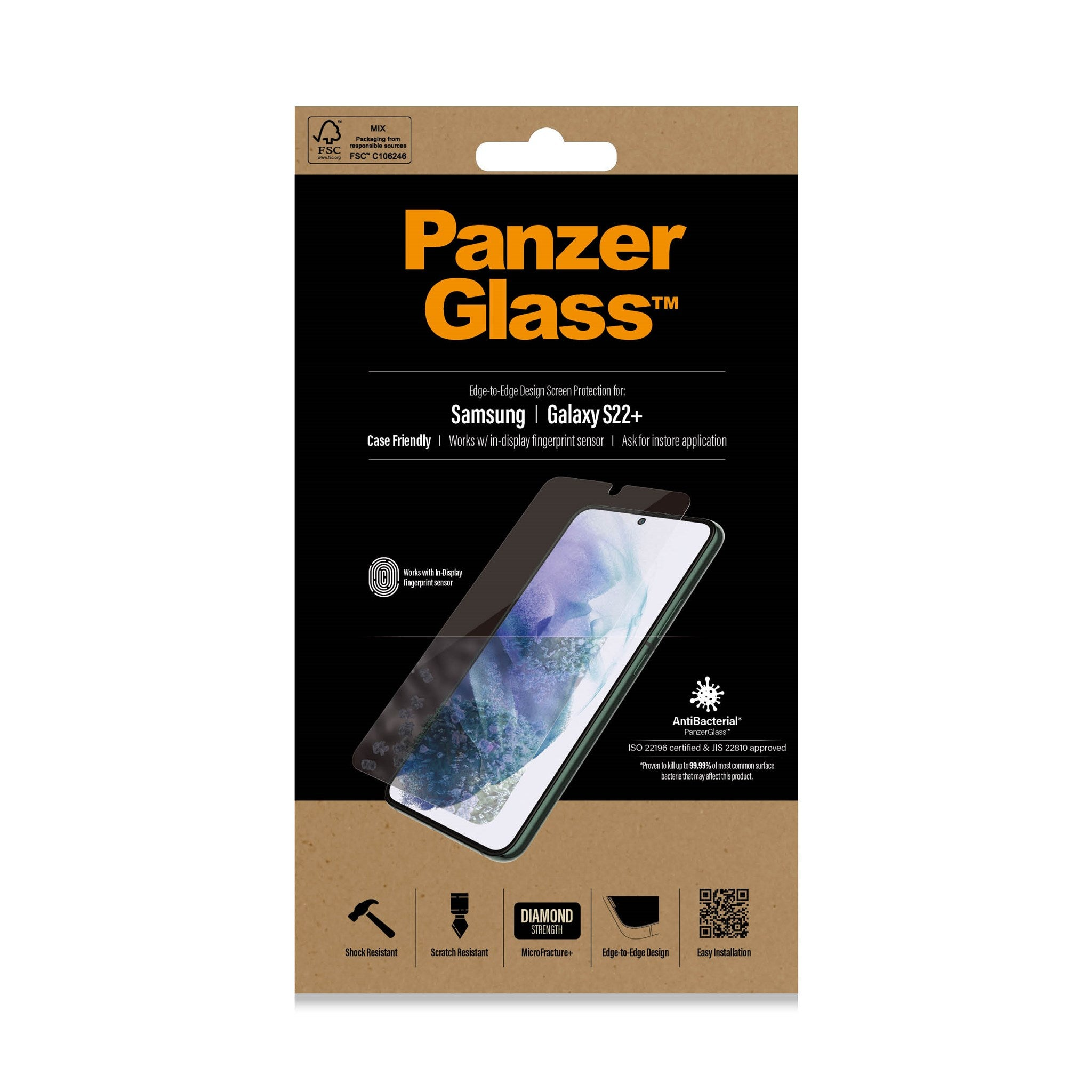 Protecteur d'écran en boîte pour Samsung Galaxy S22+. Il montre le protecteur et le téléphone.