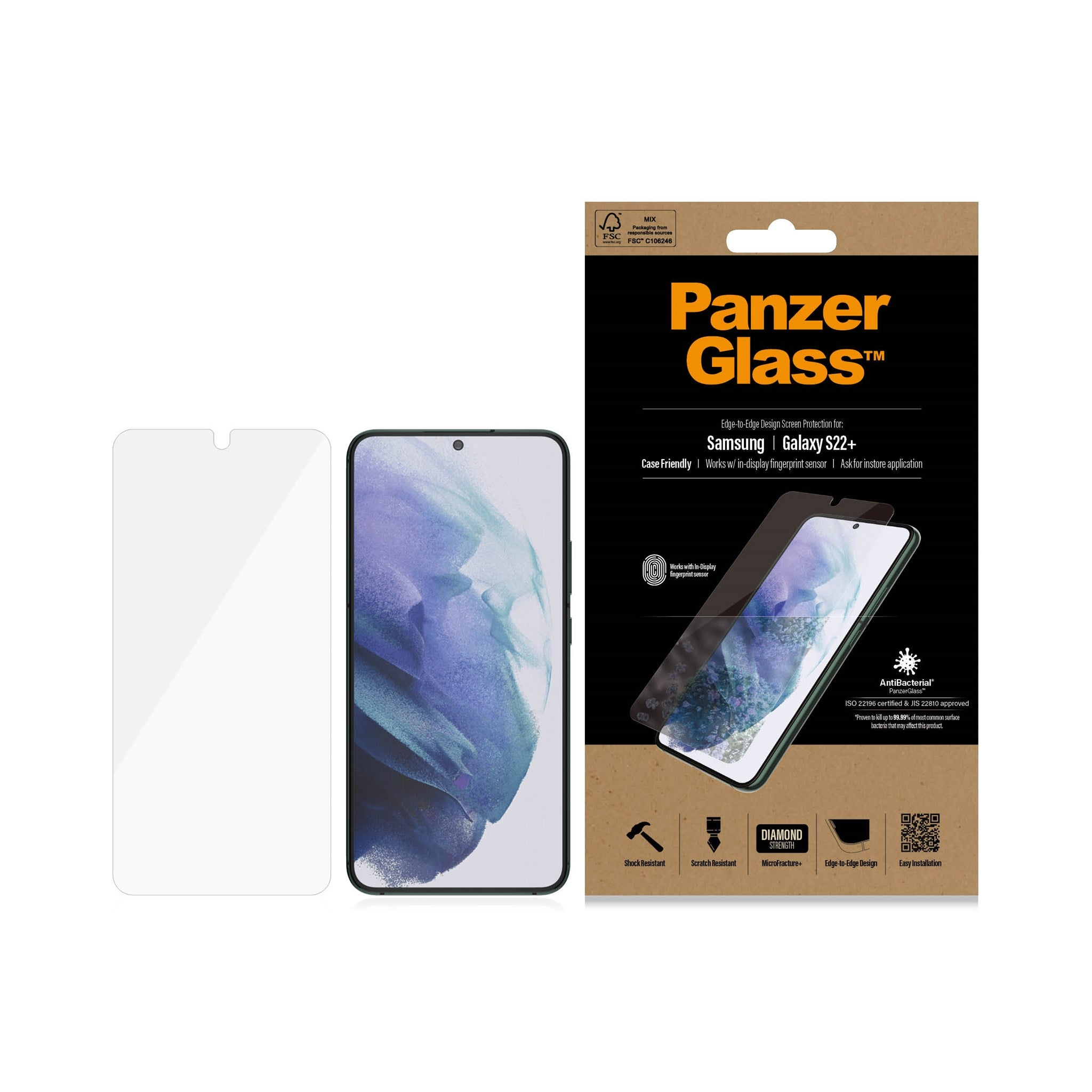 Paquet de protection d'écran de téléphone. Il contient un téléphone, un protecteur et des informations sur le produit.