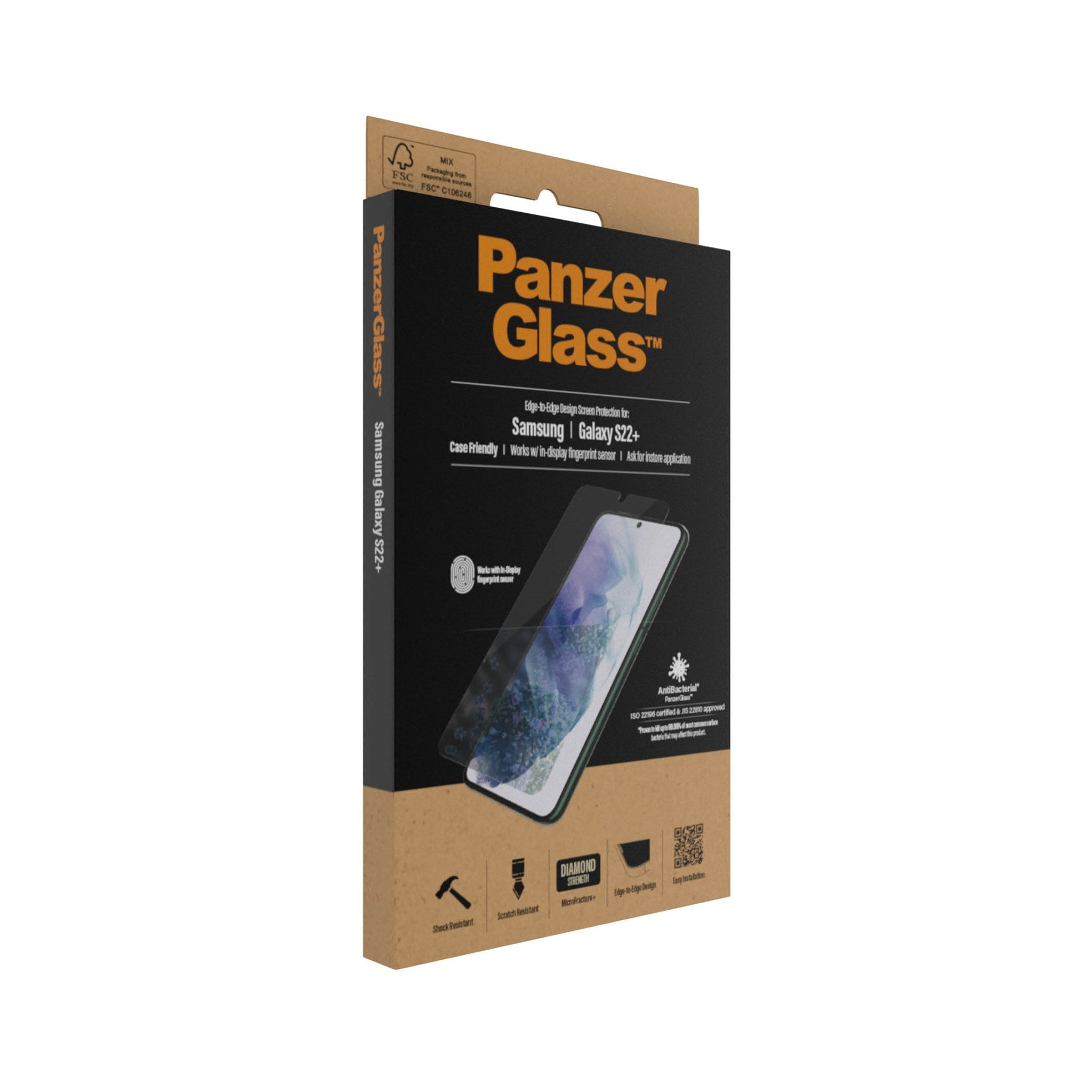 Een PanzerGlass doos voor de Samsung Galaxy S22+ schermbeschermer, met de telefoon en functies.