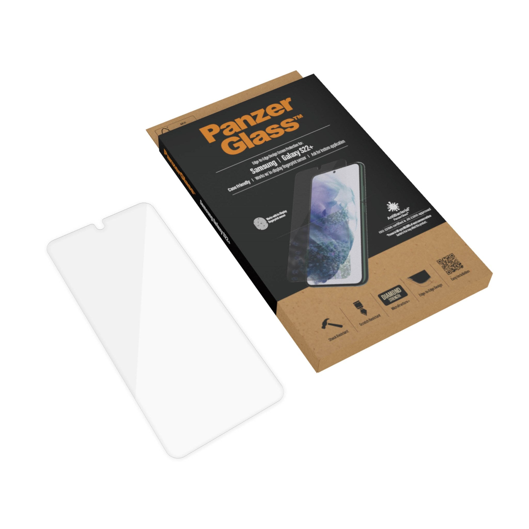 Protection d'écran et emballage pour Samsung Galaxy S22+, en angle sur fond blanc.