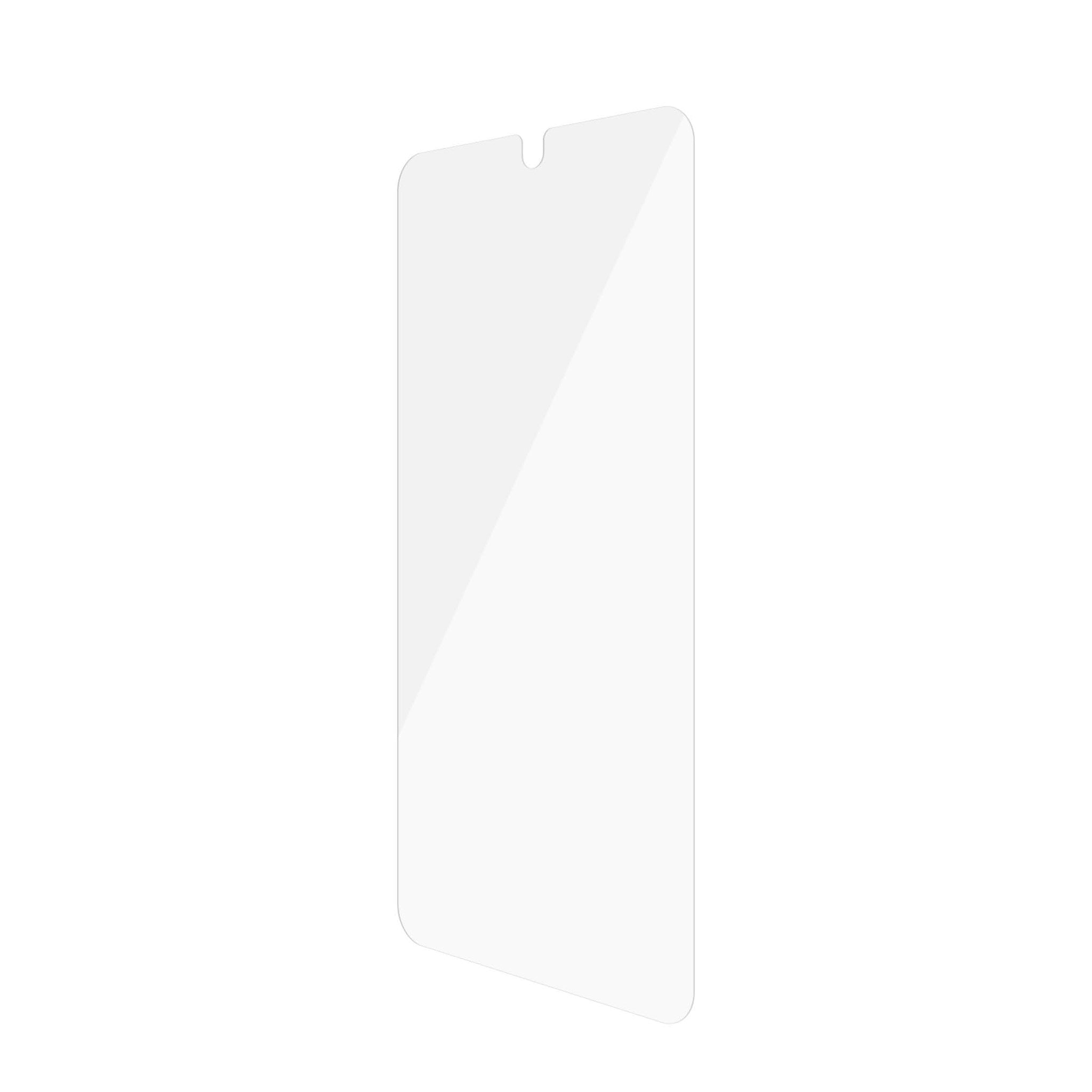 Un protecteur d'écran transparent pour téléphone, rectangulaire avec une découpe pour la caméra avant.