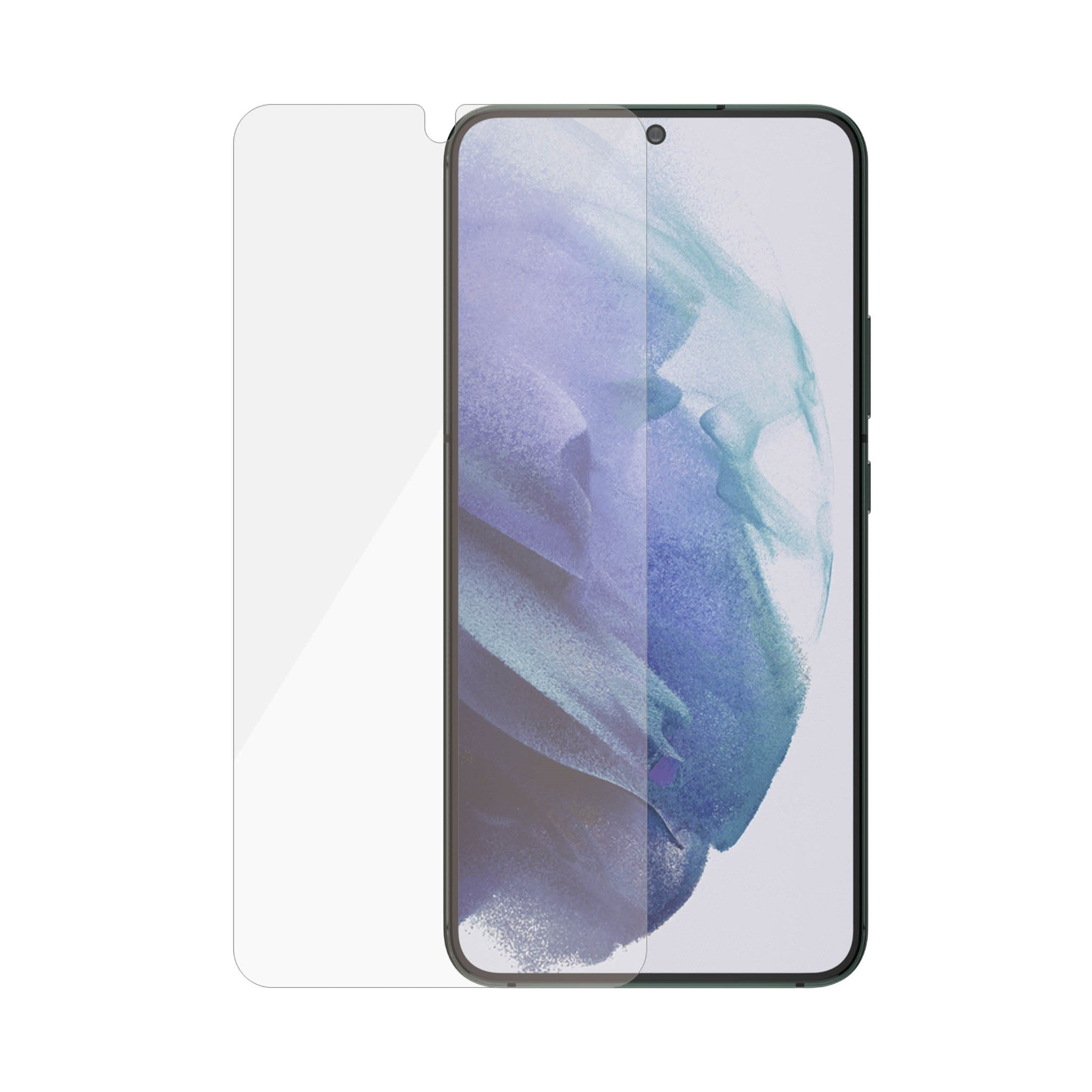 Een smartphone met een schermbeschermer aangebracht. De beschermer staat links, de telefoon rechts.