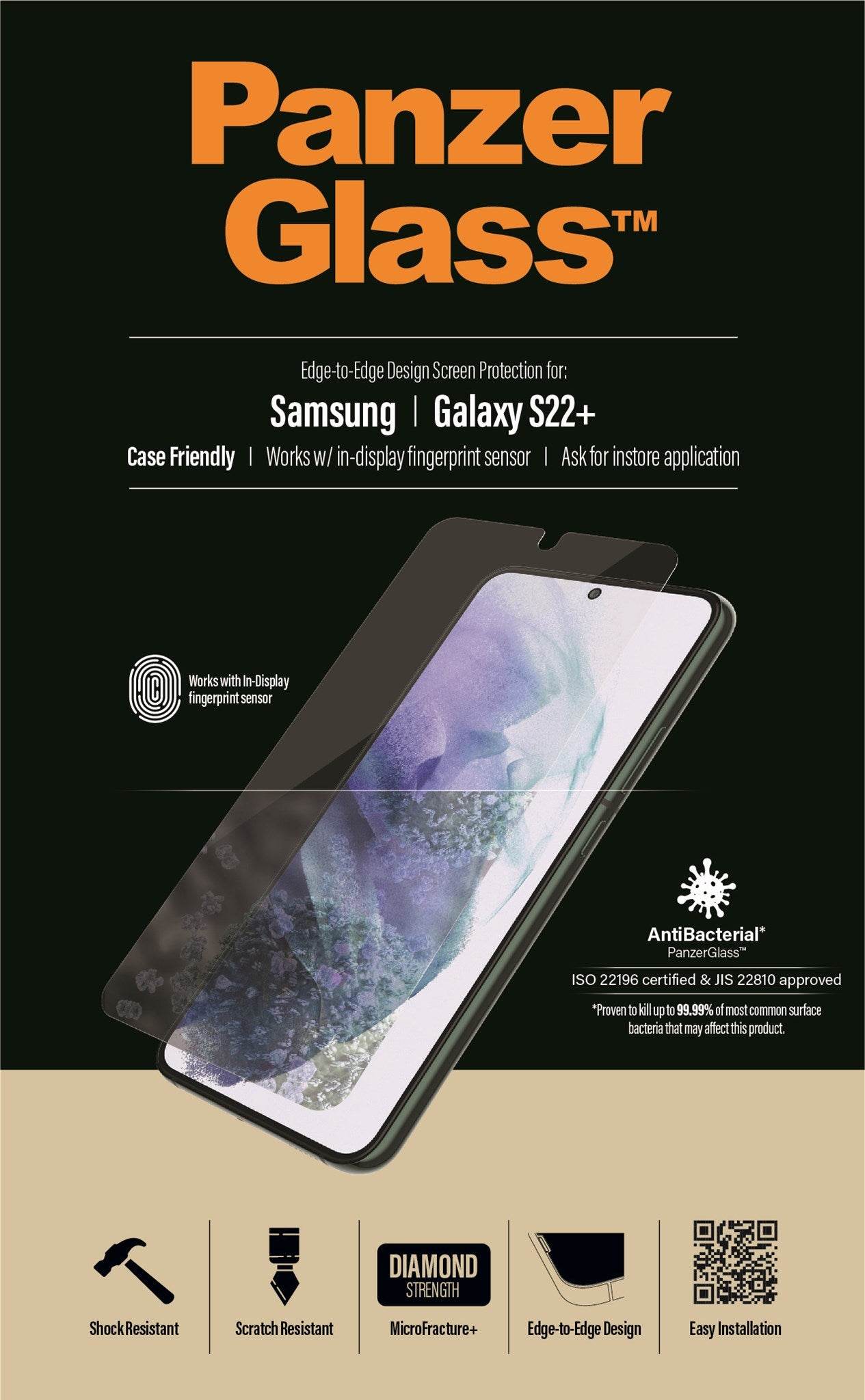 PanzerGlass schermbeschermer op een Samsung Galaxy telefoon. De doos toont functies en modelnaam.
