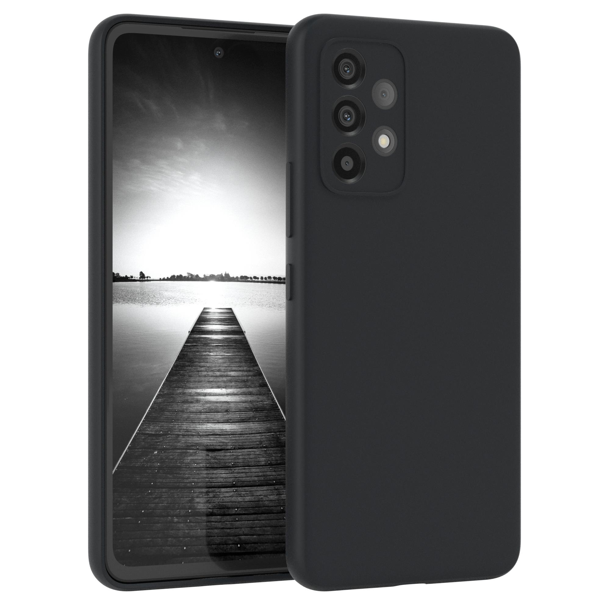 Schwarzes Telefon mit schwarzer Hülle, ein anderes zeigt eine Schwarz-Weiß-Landschaft.