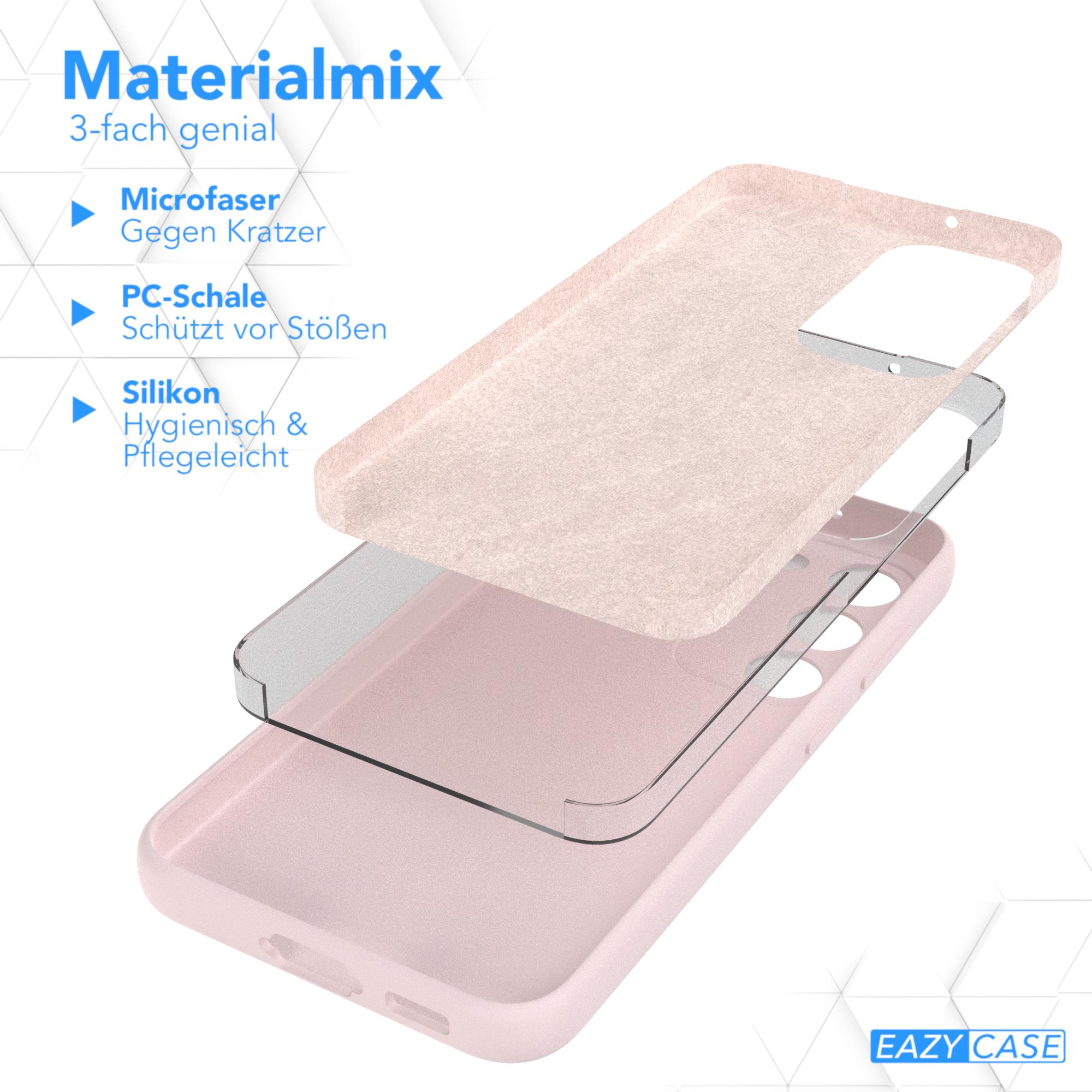 Handyhüllen-Schichten: Mikrofaser, PC-Schale und Silikon. Rosafarbene Schichten werden zusammengebaut.