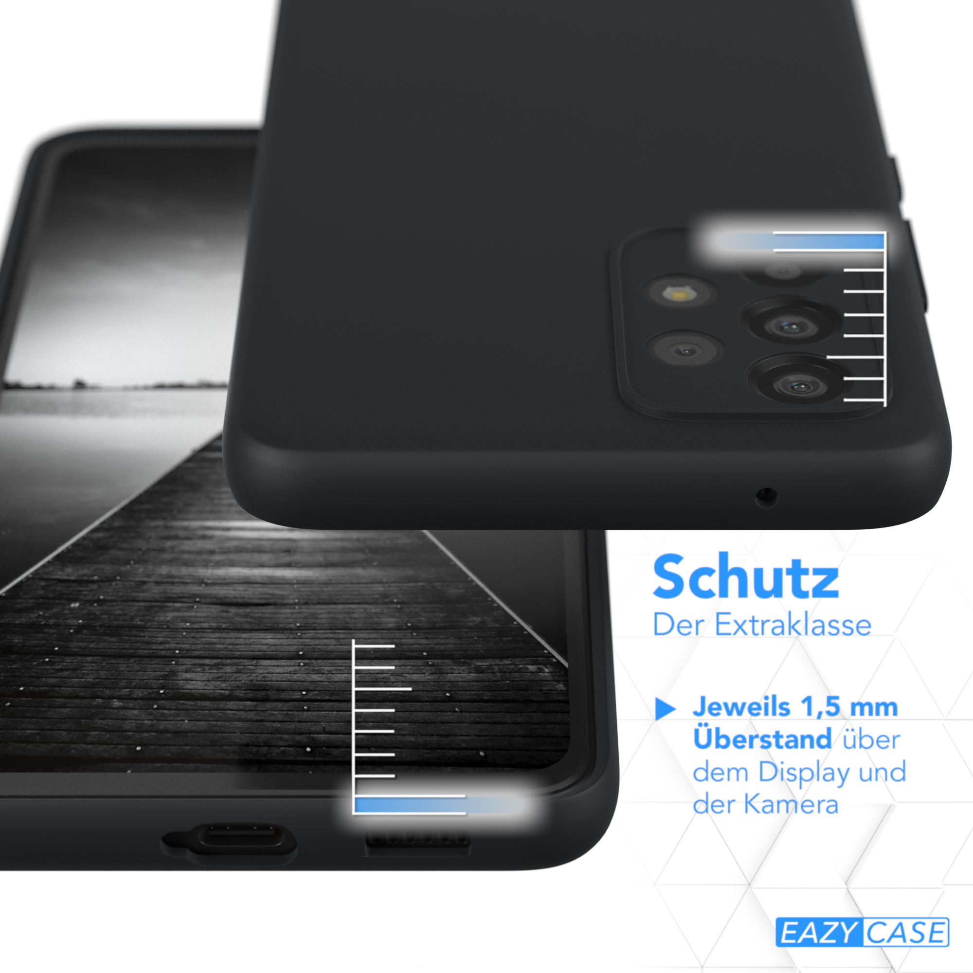Eine Handyhülle ist auf dem Telefon. Text sagt Schutz und 1,5 mm über Display und Kamera.