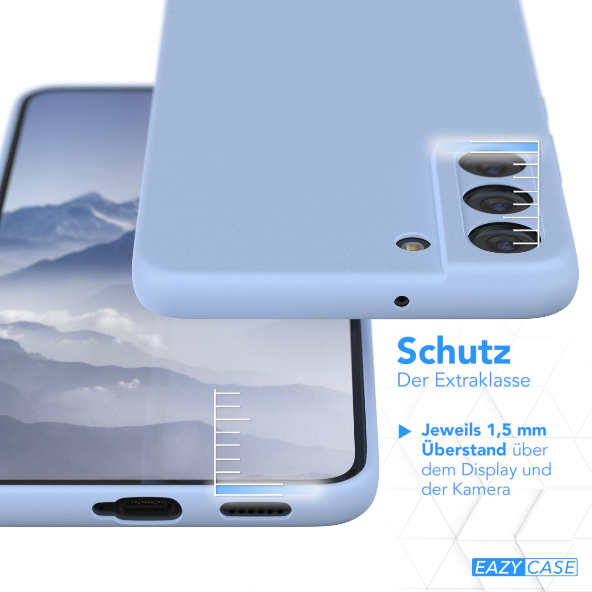 Hellblaue Handyhülle, die ein Handy und eine Hülle mit dem Text 'Schutz' und Messungen zeigt.