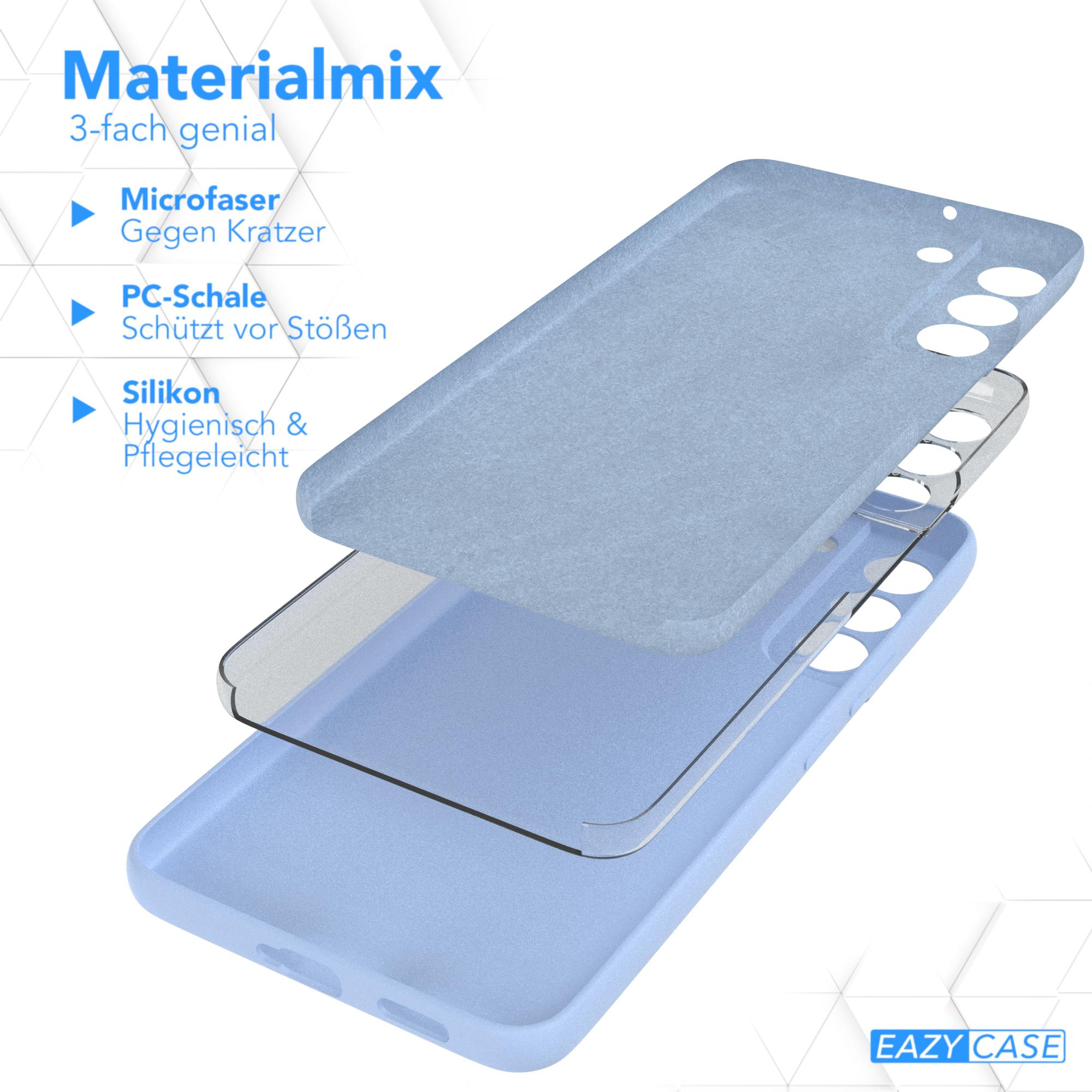 Blaue Handyhülle mit drei Schichten. Die Schichten sind Mikrofaser, PC-Schale und Silikon.