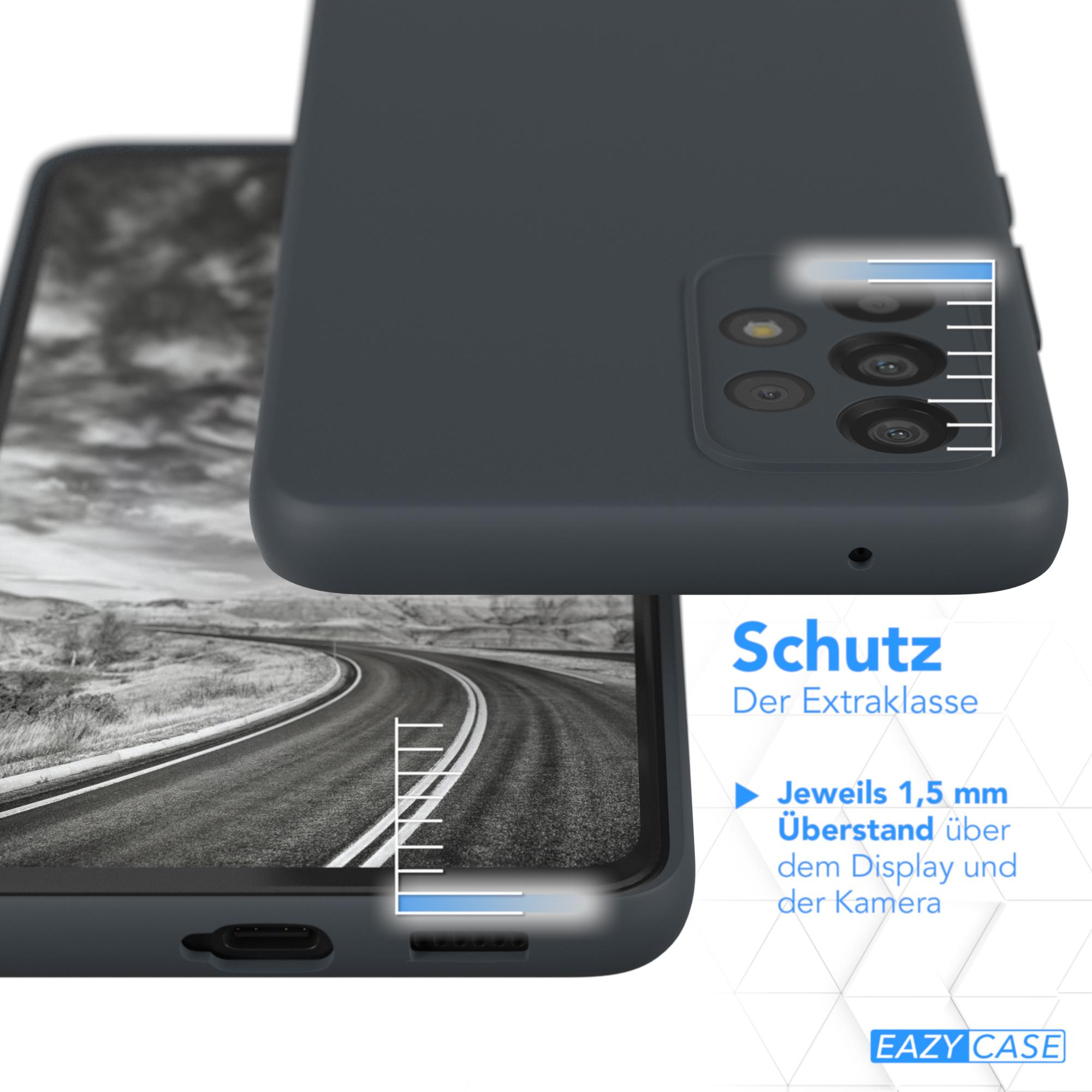 Dunkelblaue Handyhülle. Text: Schutz Der Extraklasse. Telefon und Straße sind sichtbar.