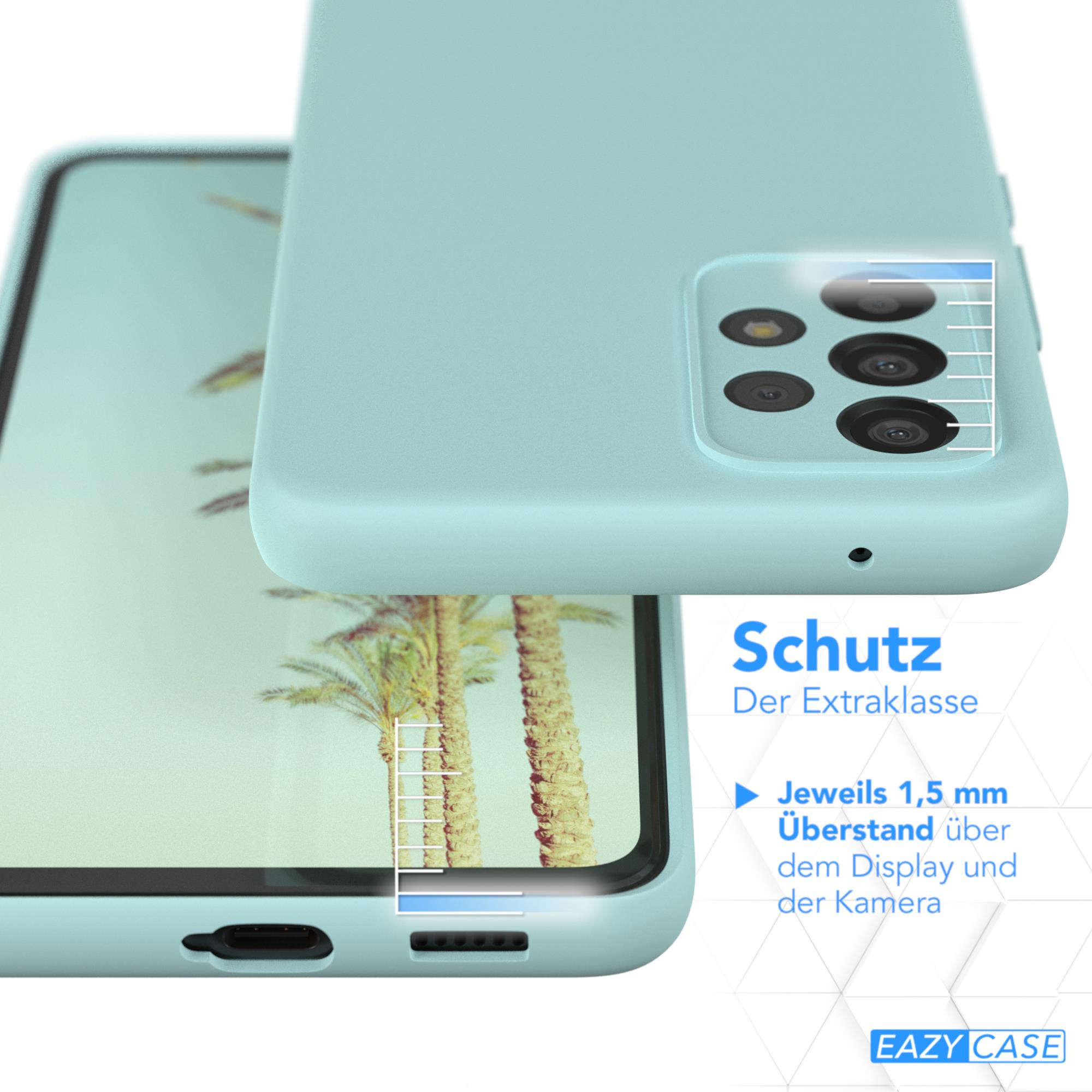 Eine hellblaue Handyhülle auf einem Telefon, die den Kamera- und Displayschutz zeigt.