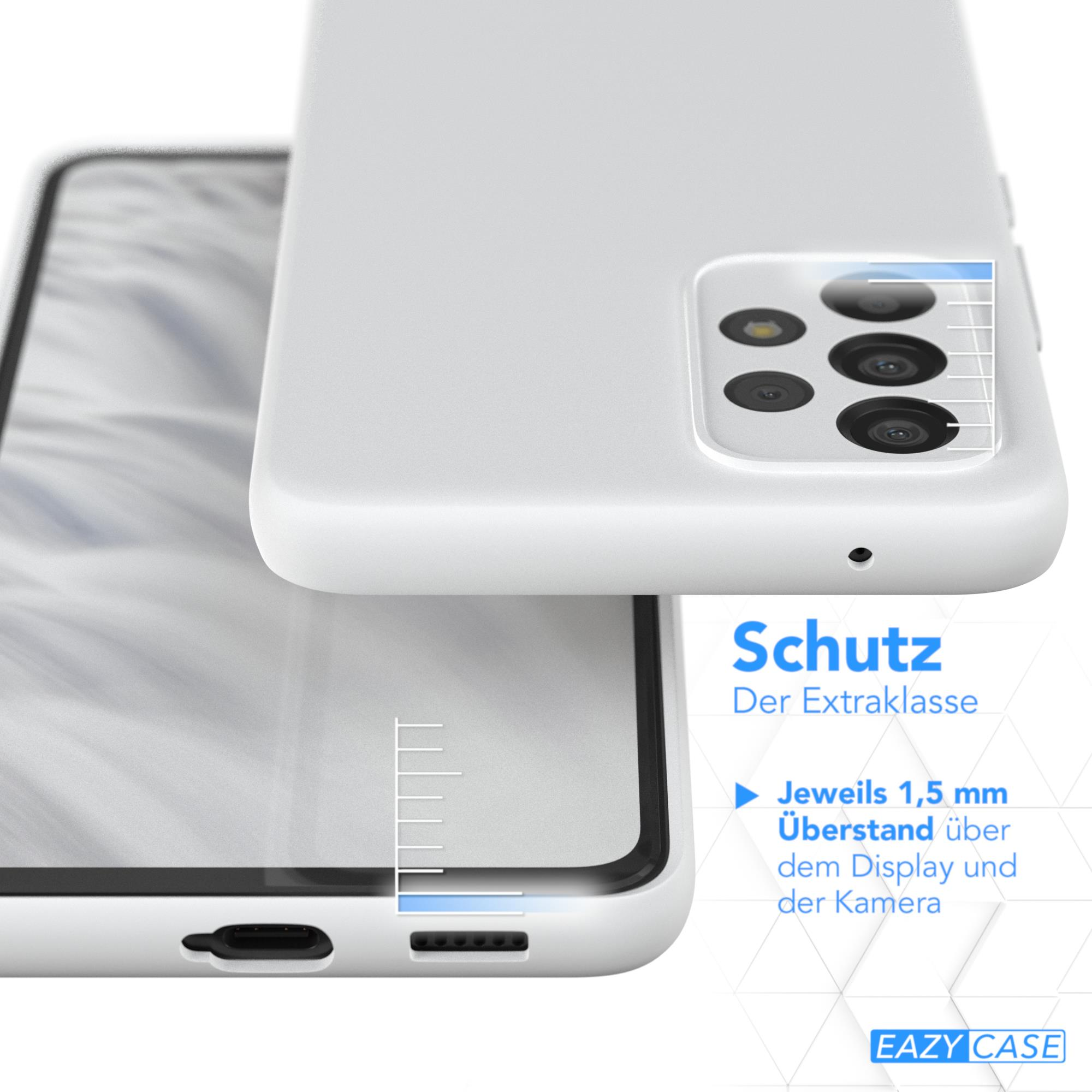 Eine weiße Handyhülle auf einem Telefon, mit Nahaufnahme des Schutzes und der Kameradetails.