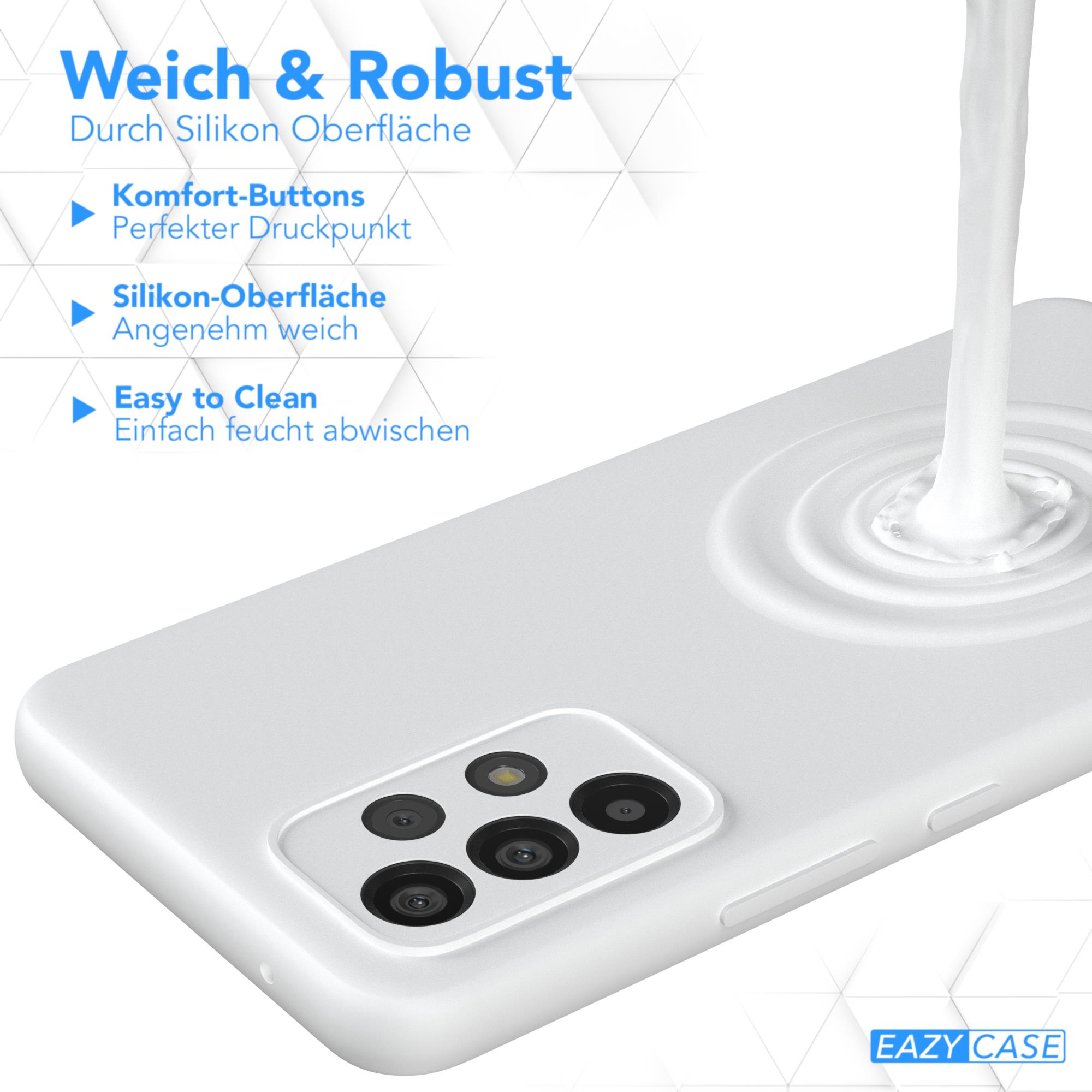 Weißes Handycase mit Wasser. Text über Silikonoberfläche und einfache Reinigung.