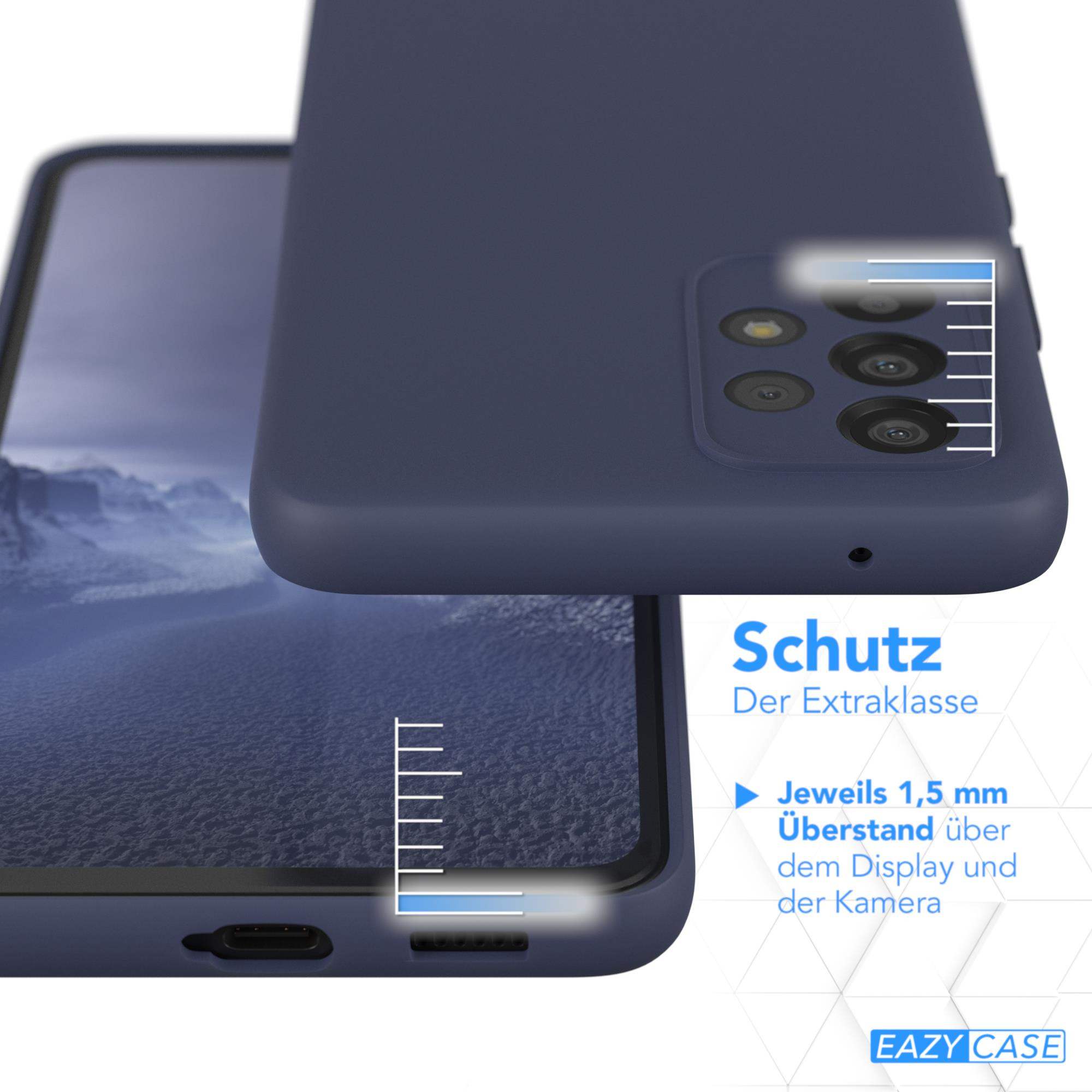 Marineblaue Handyhülle mit Handy. Schutzdetails werden mit Skalenindikatoren gezeigt.