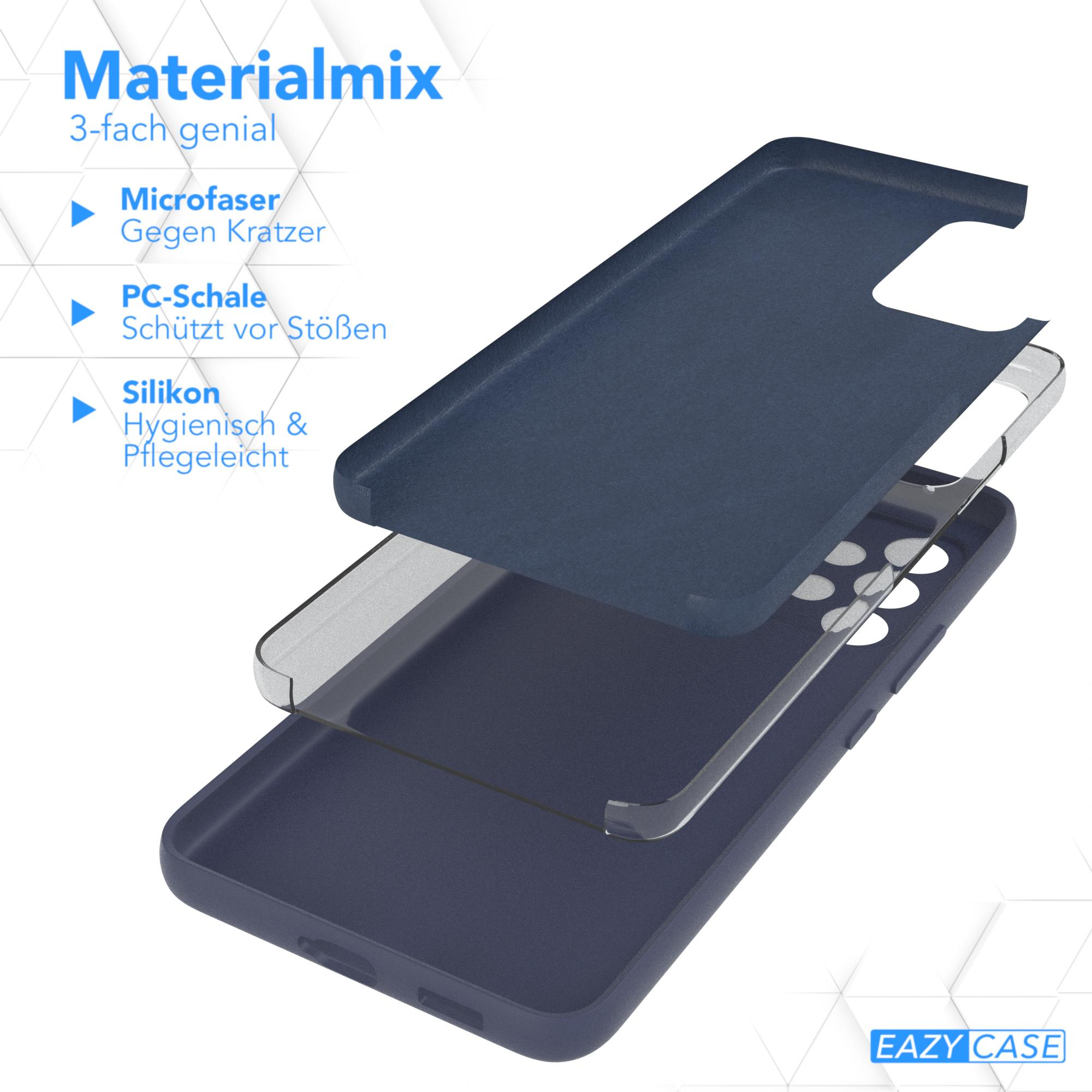 Eine mehrschichtige Handyhülle. Sie ist marineblau. Die Schichten sind Mikrofaser, PC-Schale und Silikon.