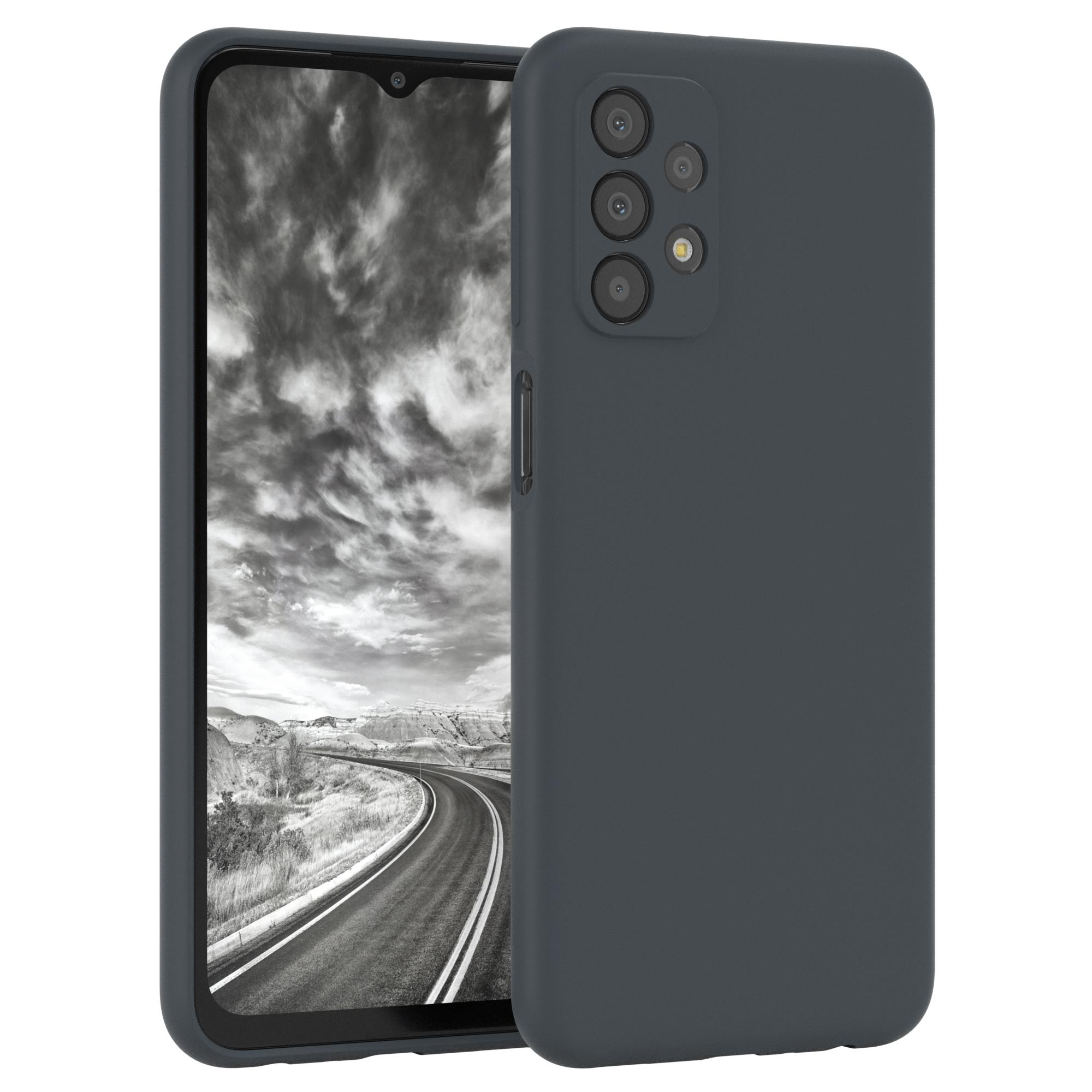 Dunkelgraue Handyhülle und Telefon. Das Telefon hat eine Kameraerhebung und drei Objektive. Weißer Hintergrund.