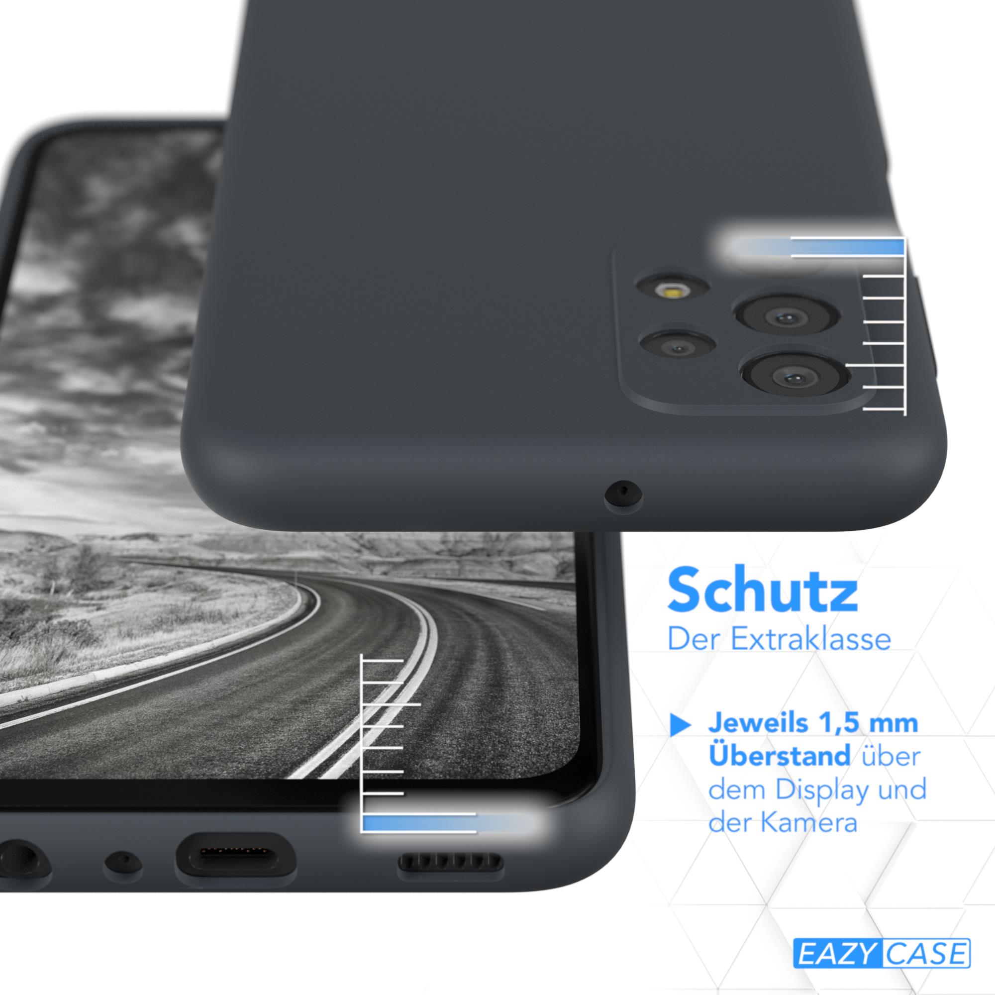 Eine dunkelgraue Handyhülle bedeckt ein Telefon, mit Straßen Grafik im Hintergrund und Text.