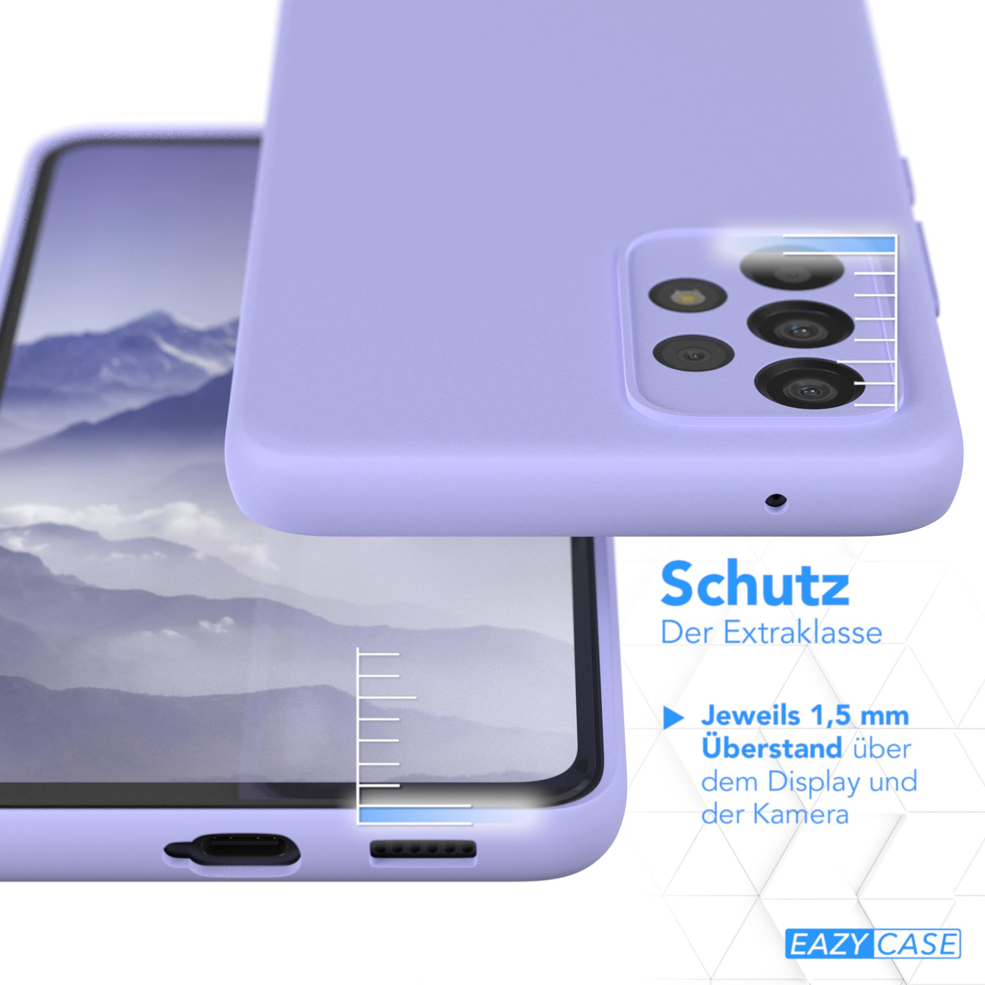 Lila Handyhülle mit erhöhten Kanten. Telefon teilweise sichtbar. Text: Schutz Der Extraklasse.