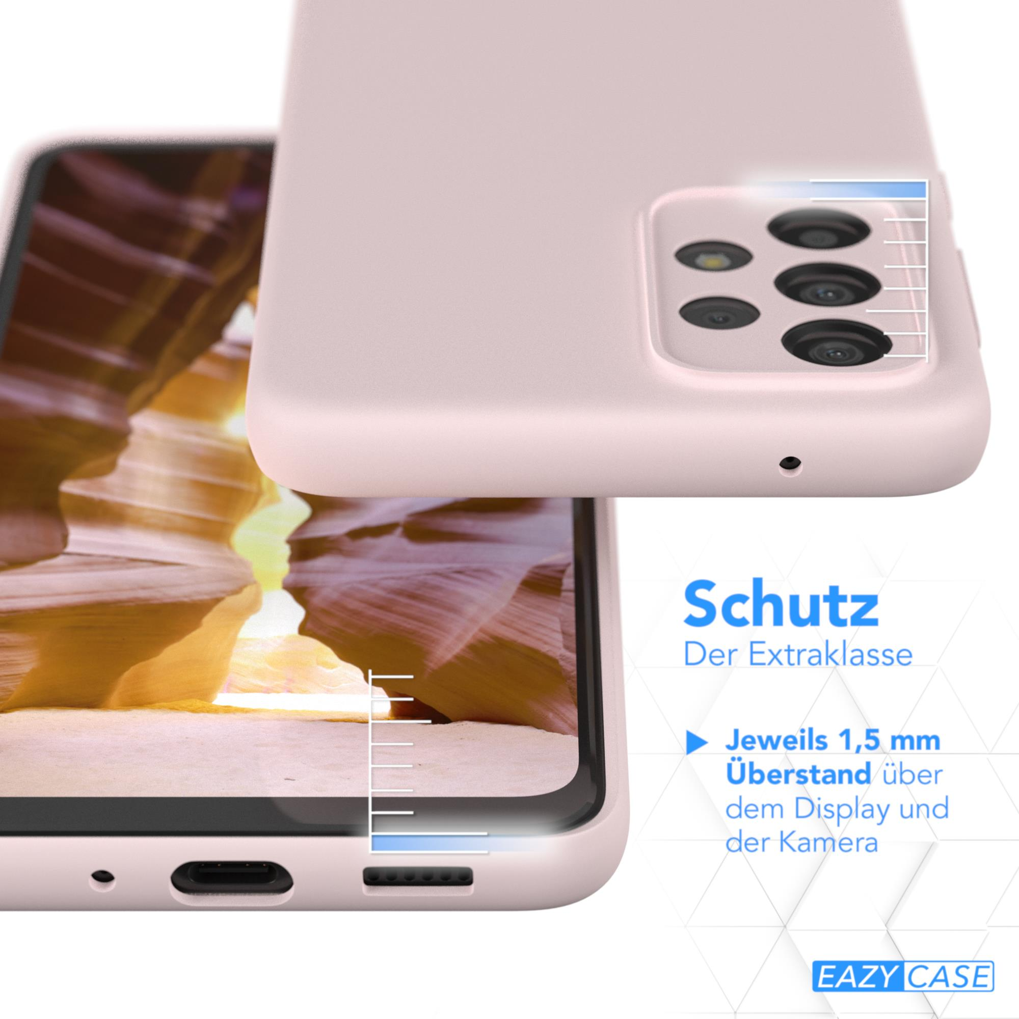 Nahaufnahme einer rosa Handyhülle auf einem Telefon, Text über Schutz und Markenname.