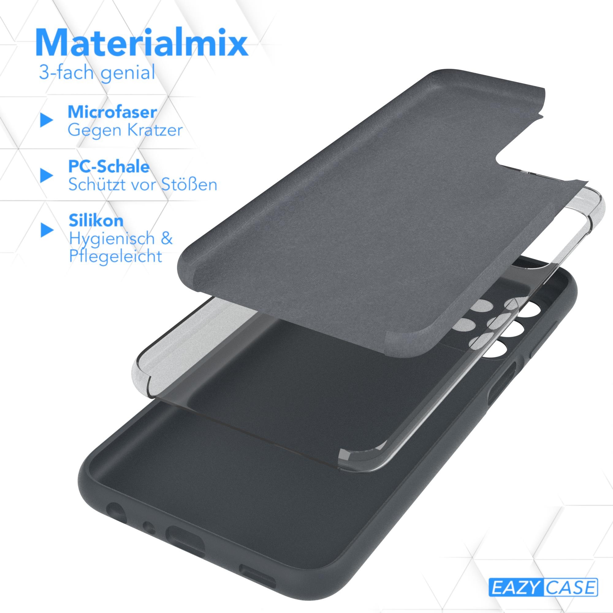 Graue Handyhülle mit Schichten, Produktdetails sichtbar und Markenlogo.