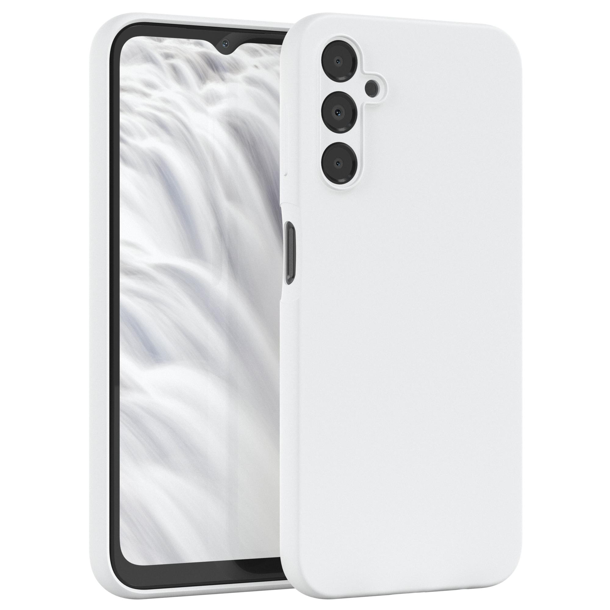 Weißes Telefon mit weißer Hülle. Der Bildschirm ist sichtbar. Der Hintergrund ist weiß.