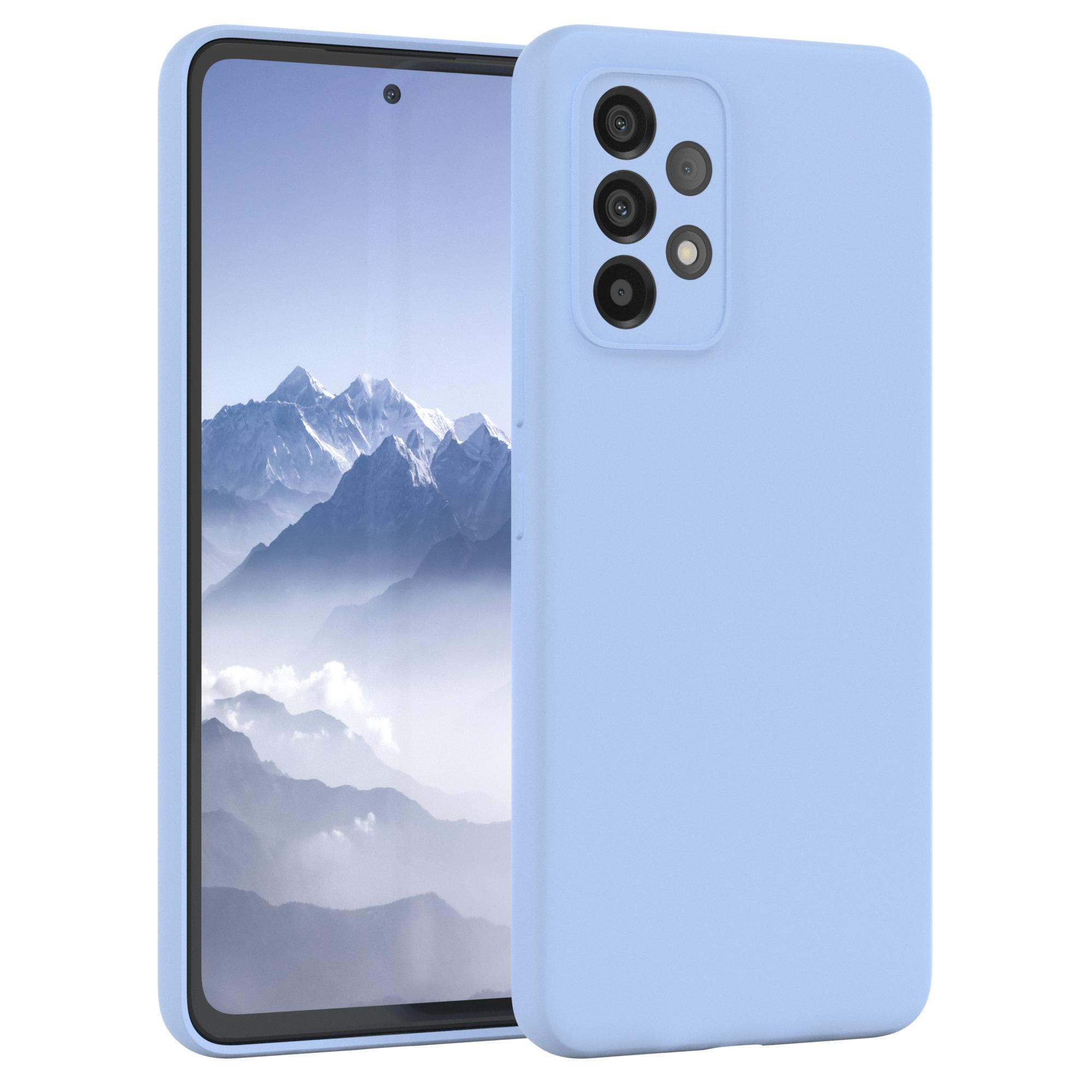 Eine hellblaue Handyhülle, die den Telefonbildschirm und die Hülle mit Kameraausschnitten zeigt.