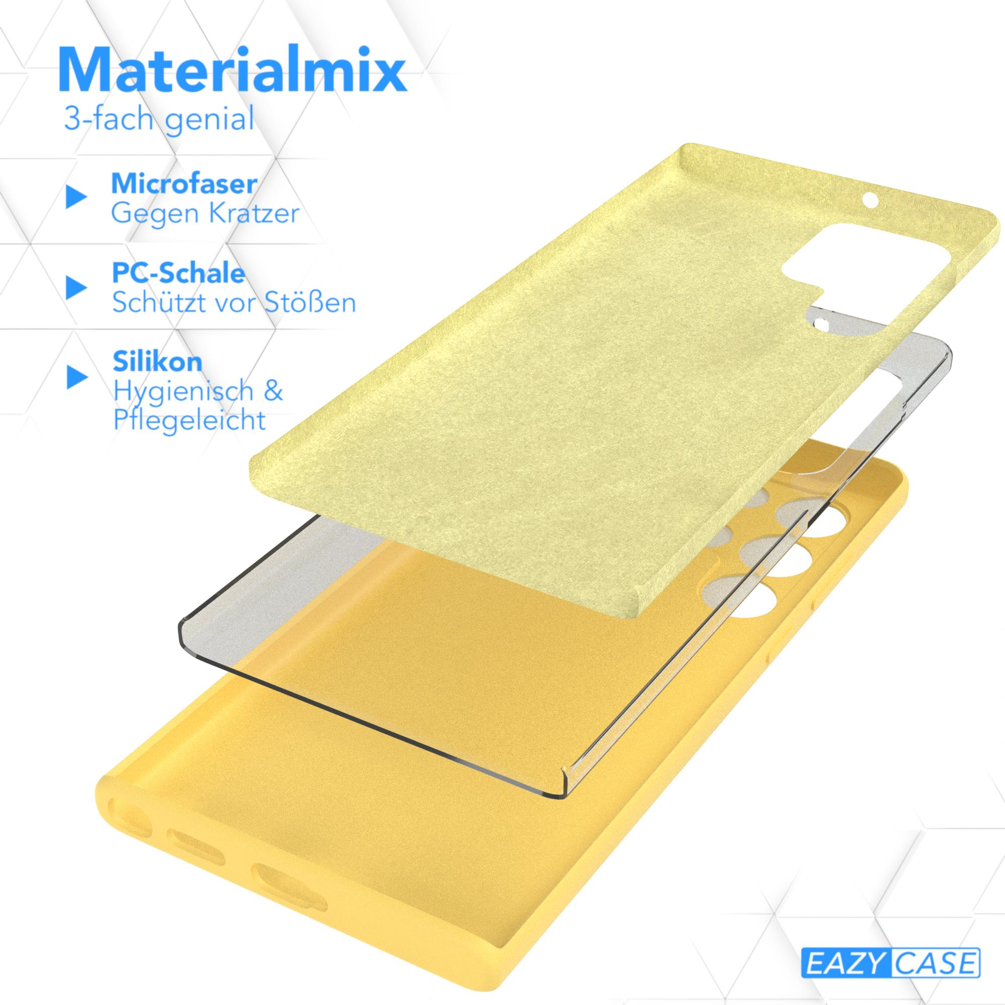 Gelbe Handyhülle mit Schichten, die Mikrofaser, PC-Schale und Silikon zeigen.