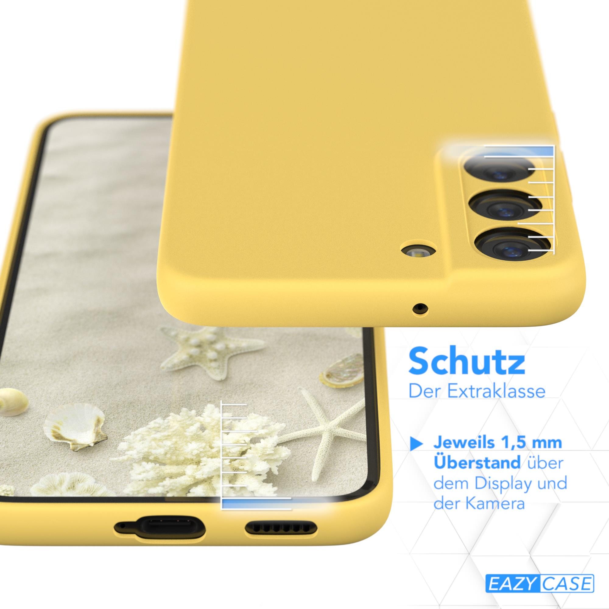 Eine gelbe Handyhülle mit Telefon. Text: 'Schutz Der Extraklasse'.