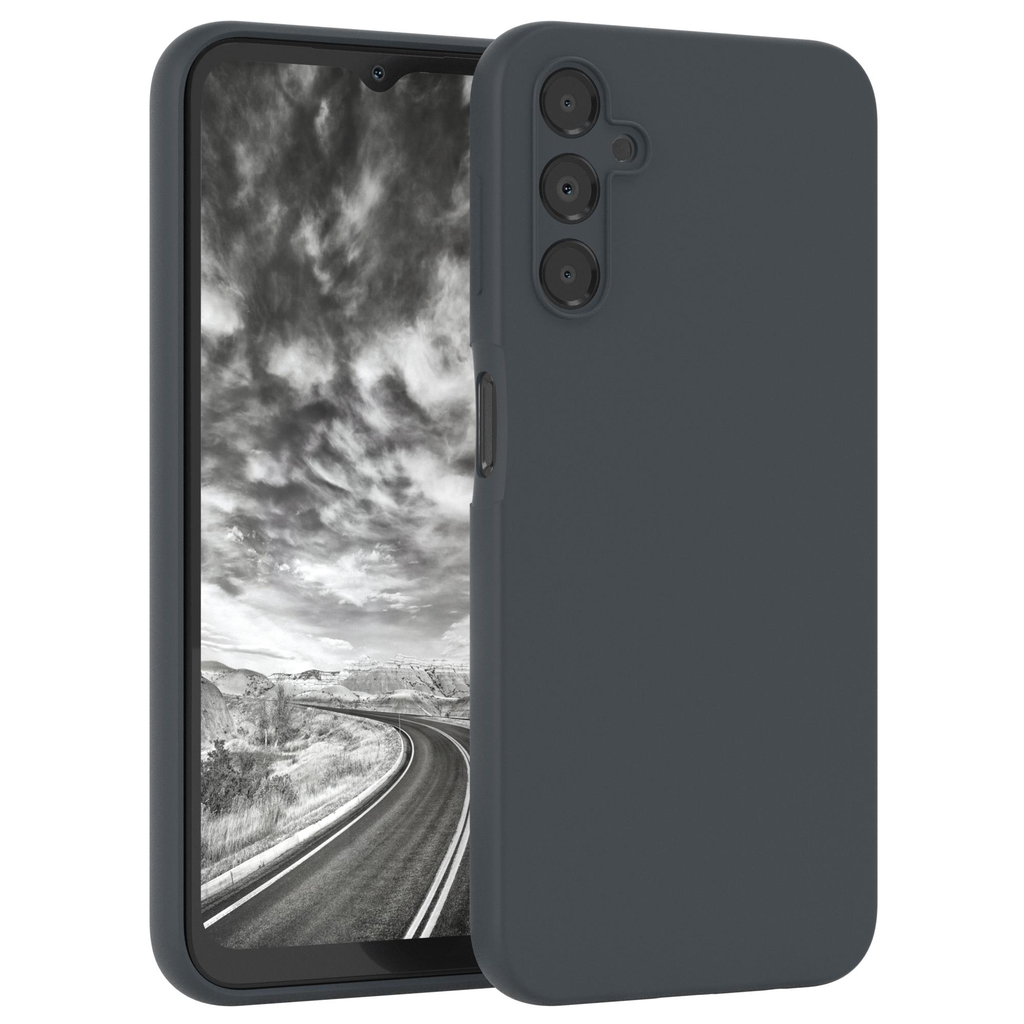 Telefon in einer dunkelgrauen Hülle, das eine Schwarz-Weiß-Landschaft auf dem Bildschirm zeigt.