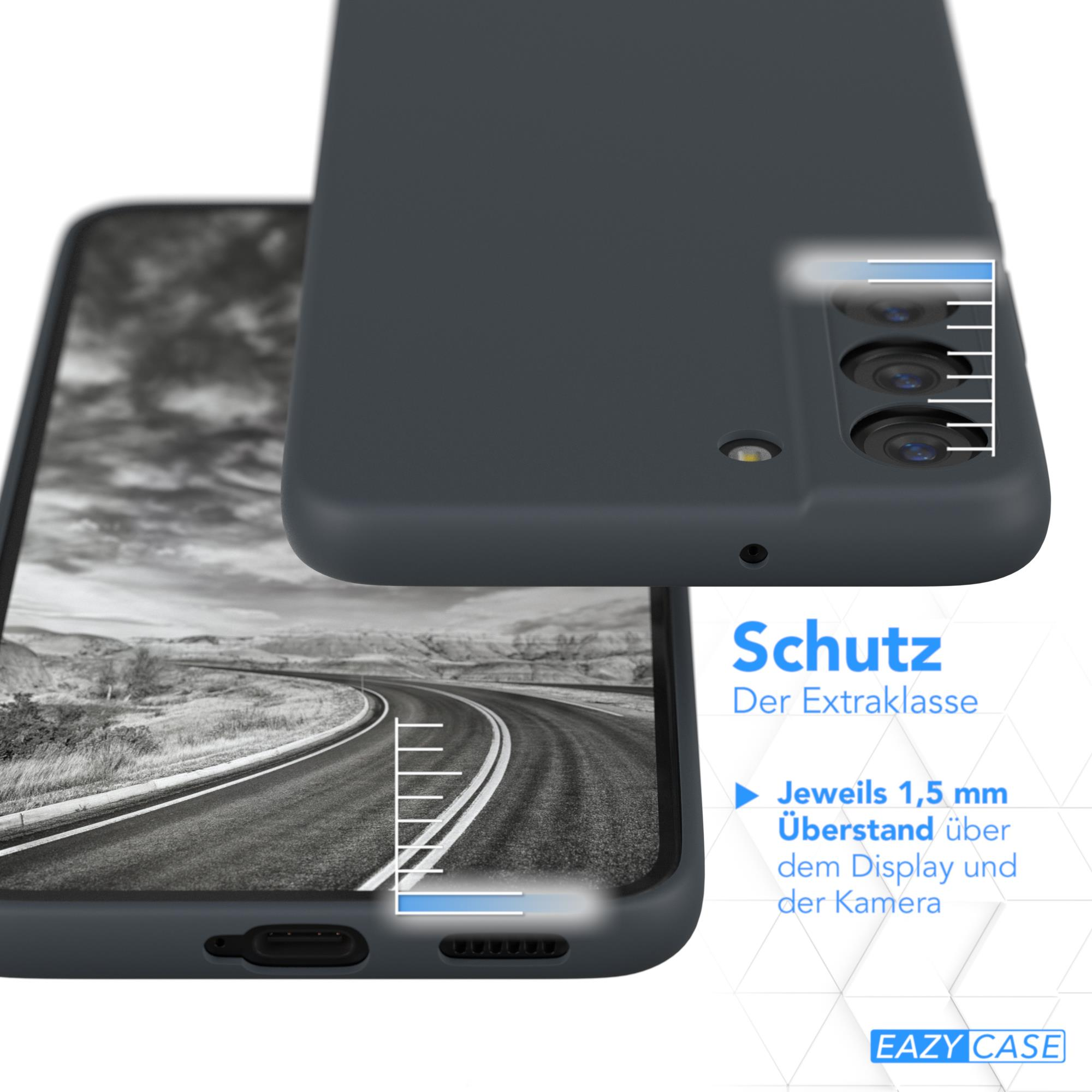 Handyhülle mit Telefon darin. Zeigt eine Straße im Hintergrund. Text rechts auf Deutsch.