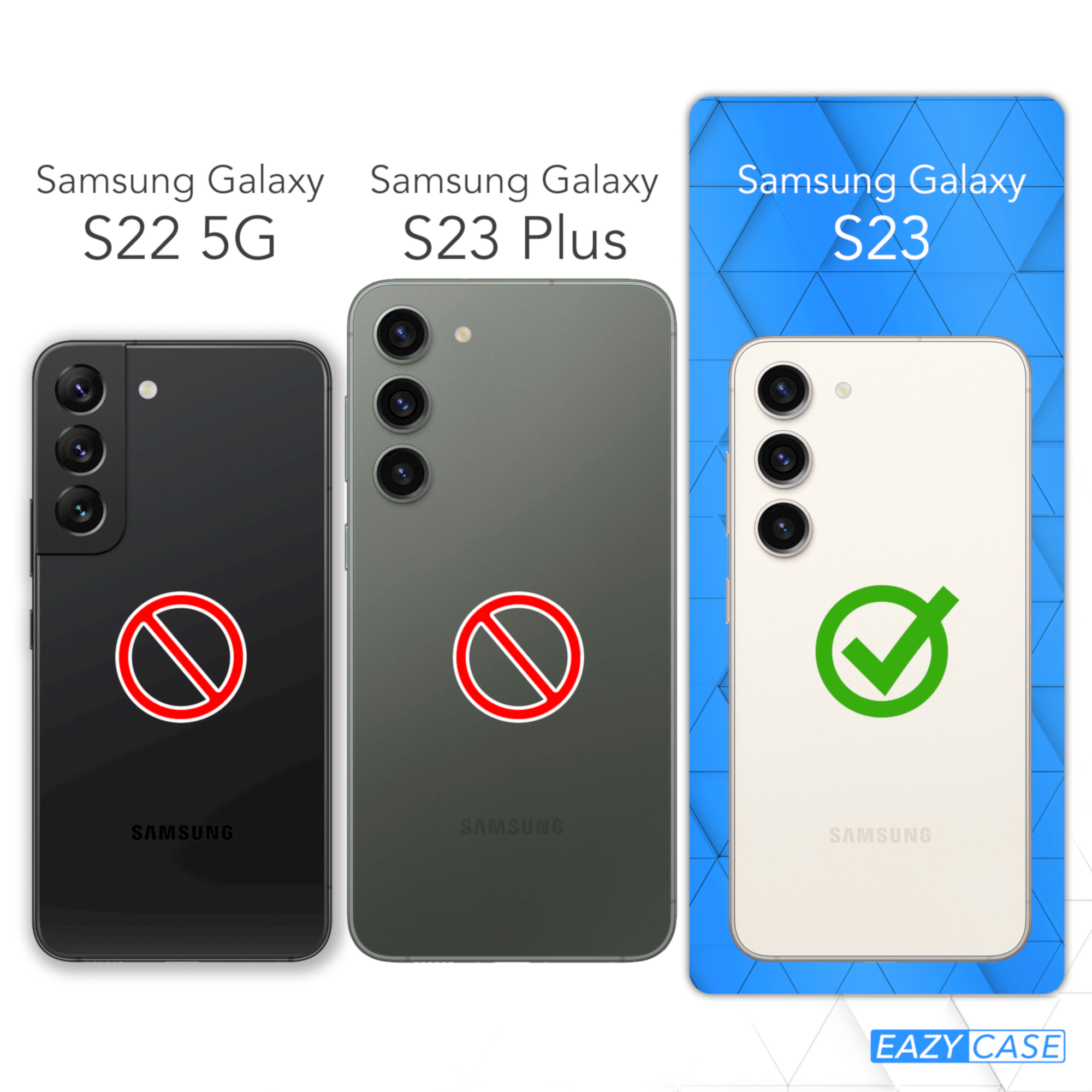 Drei Smartphones mit unterschiedlichem Design, wobei das S23 das einzige mit Häkchen ist.