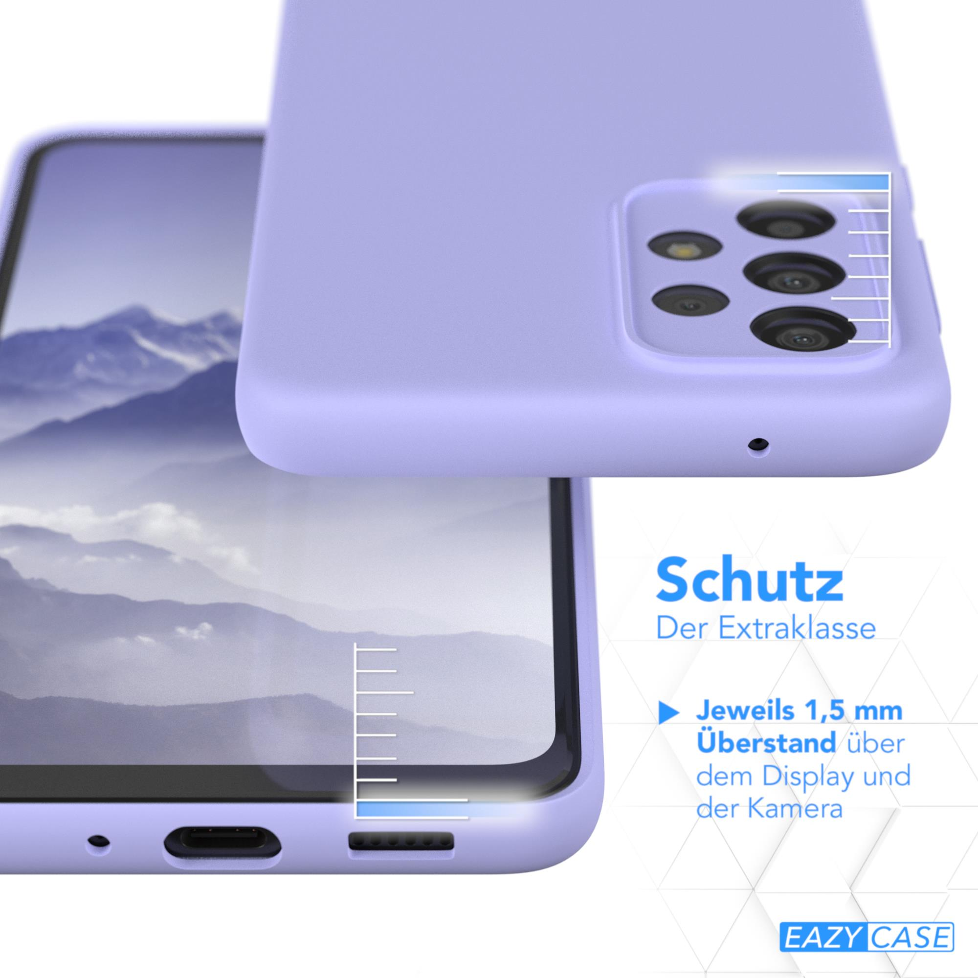 Lila Handyhülle auf einem Telefon. Text über Schutz. Der Hintergrund ist unscharf.