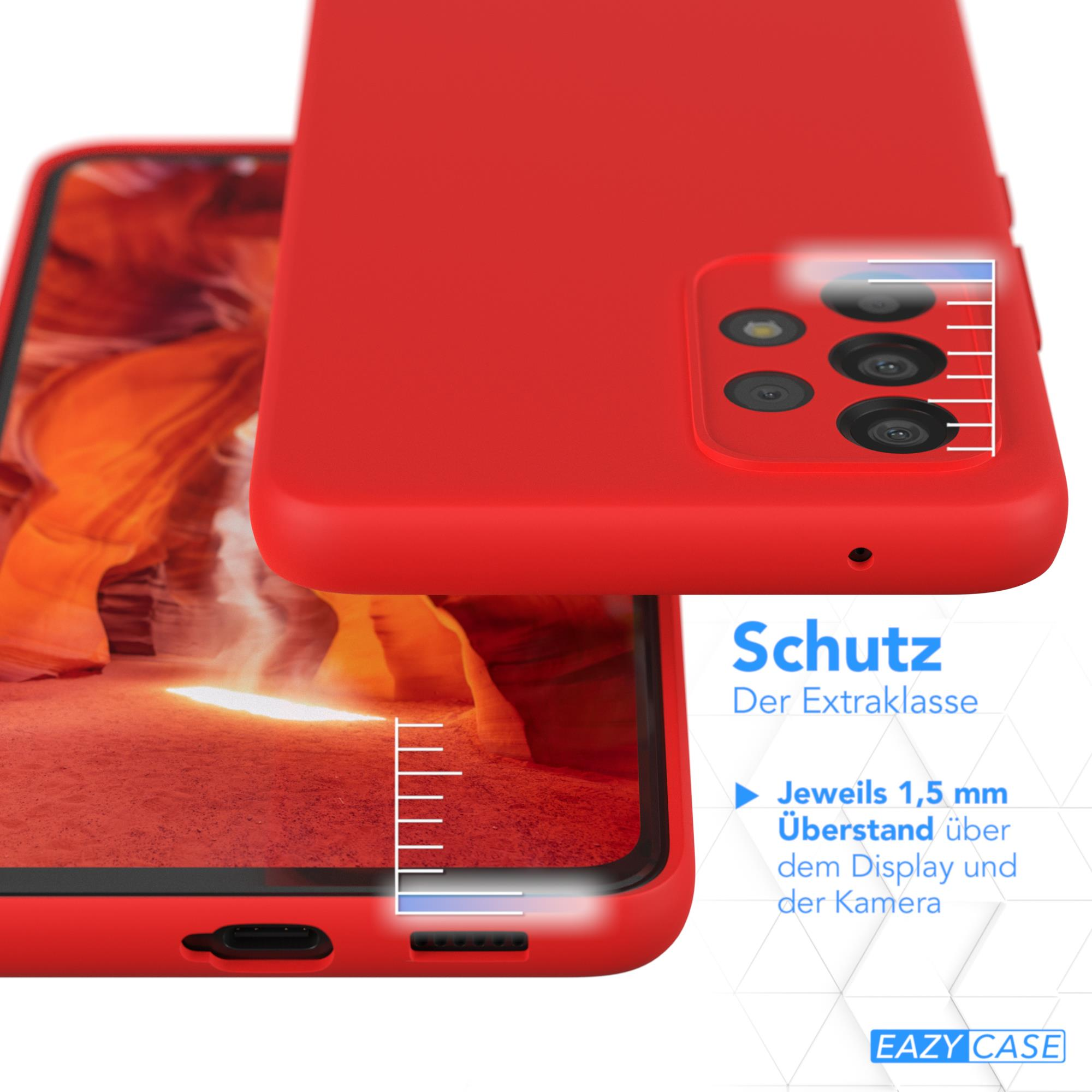 Rote Handyhülle mit Kameraausschnitten. Das Telefon ist teilweise sichtbar. Text auf Deutsch.