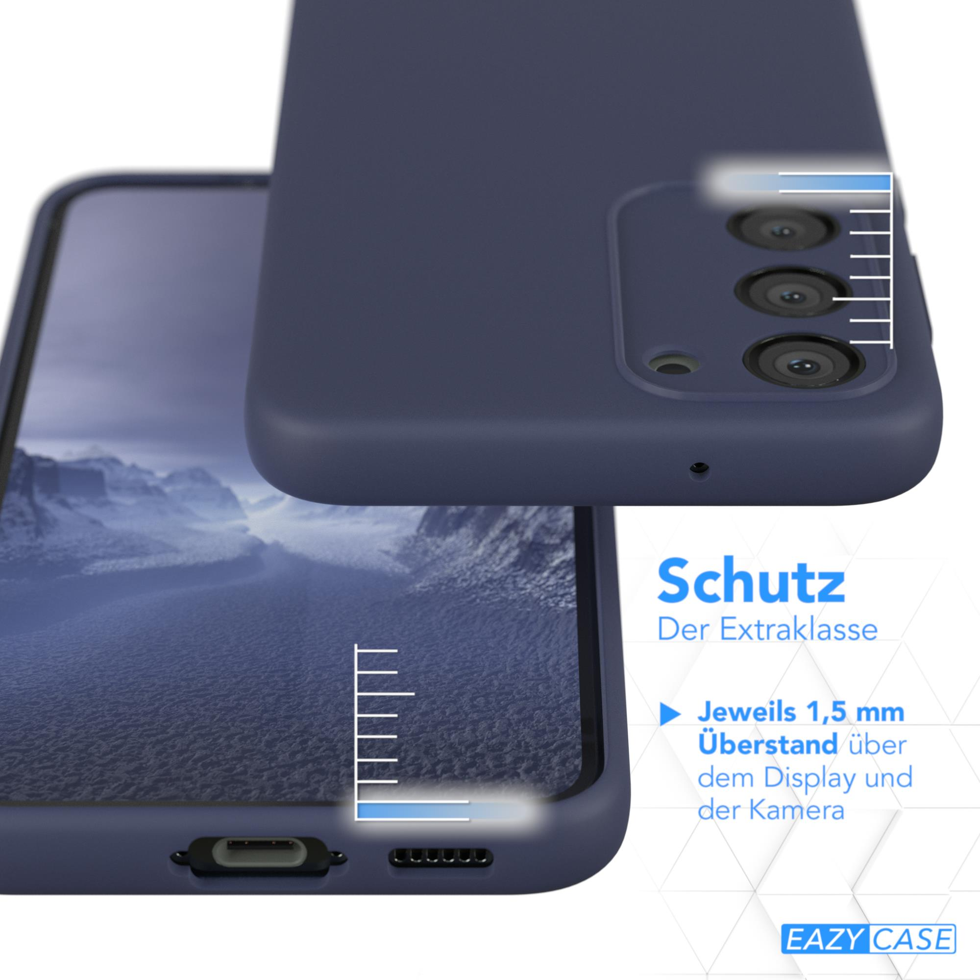 Eine marineblaue Handyhülle auf einem Telefon, die Details zum Kamera- und Displayschutz zeigt.