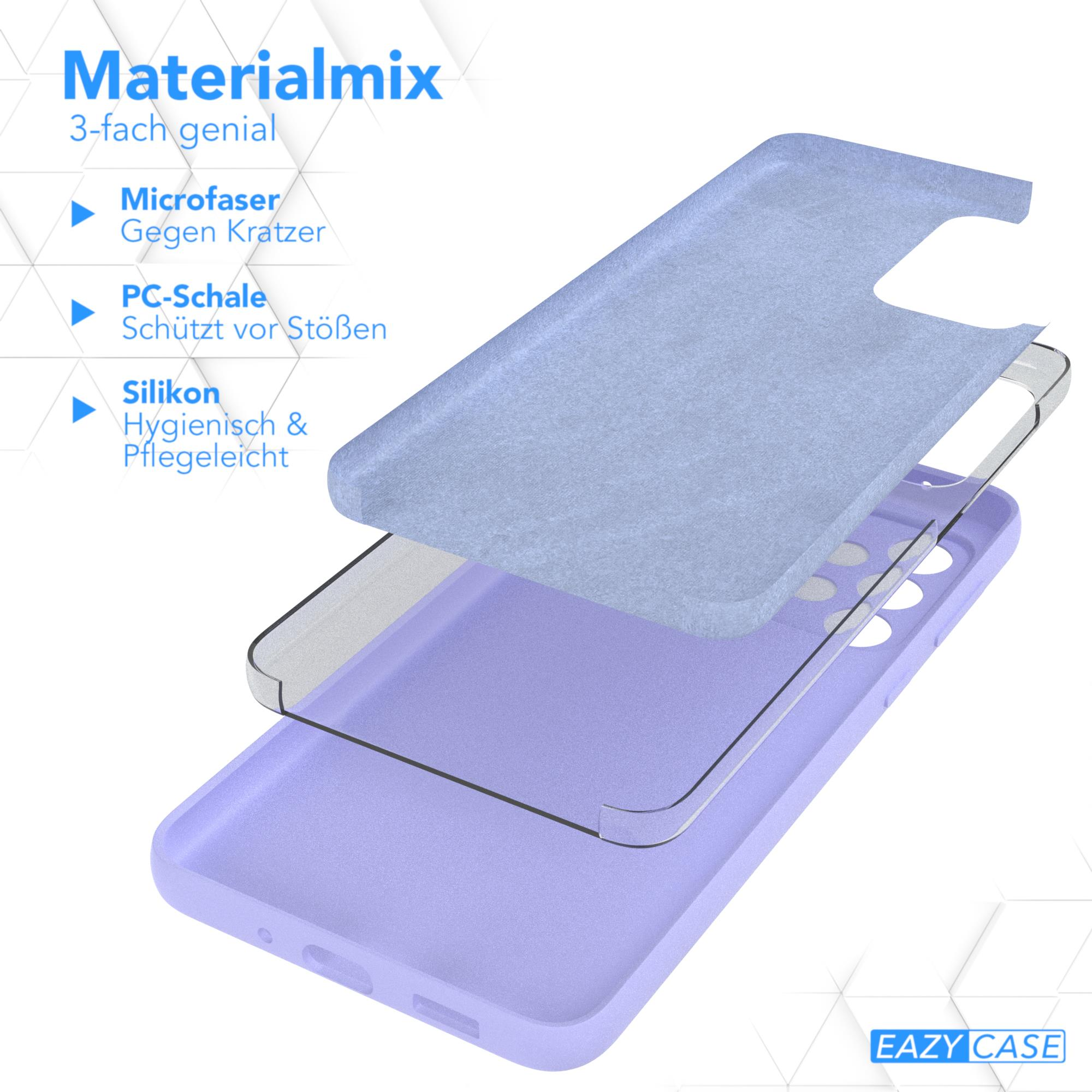 Eine Handyhülle in Schichten zerlegt: Mikrofaser, PC-Schale und Silikon, in Blau und Lila.