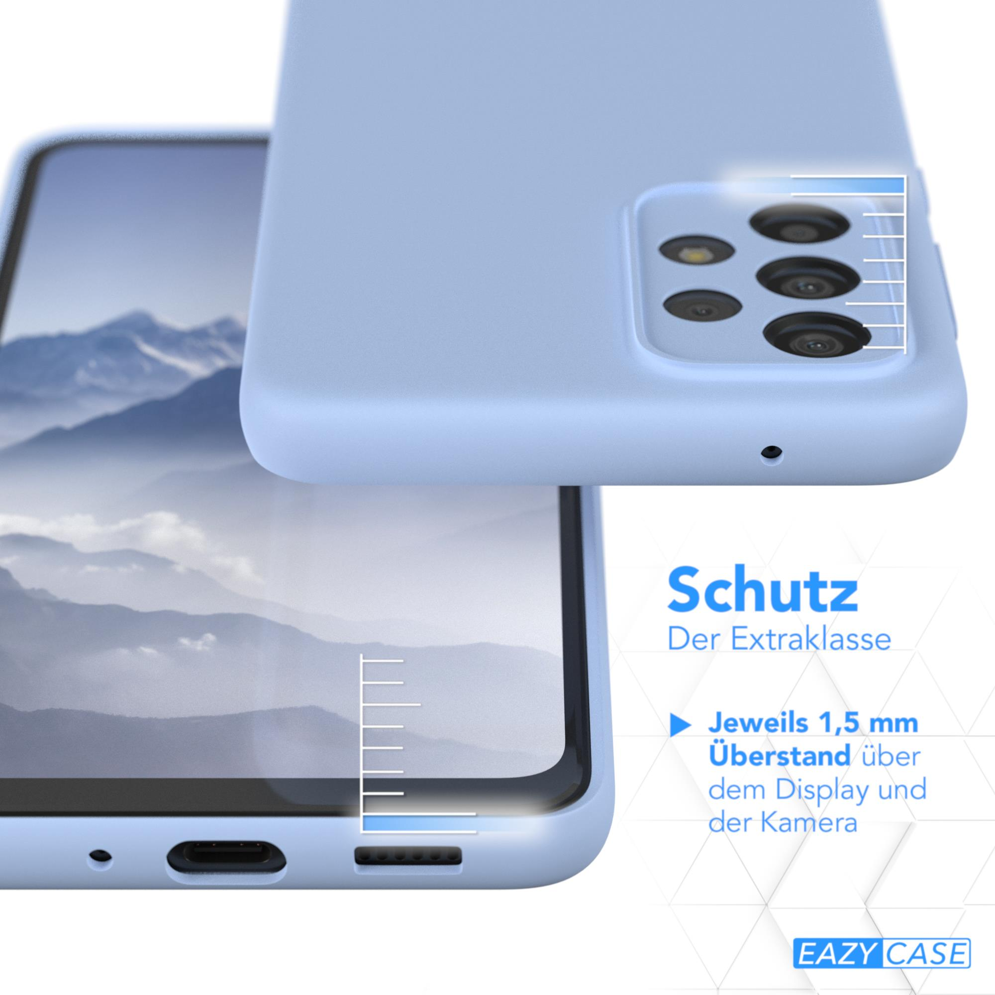 Nahaufnahme einer Handyhülle mit Text und Maßen, hellblaue Farbe.