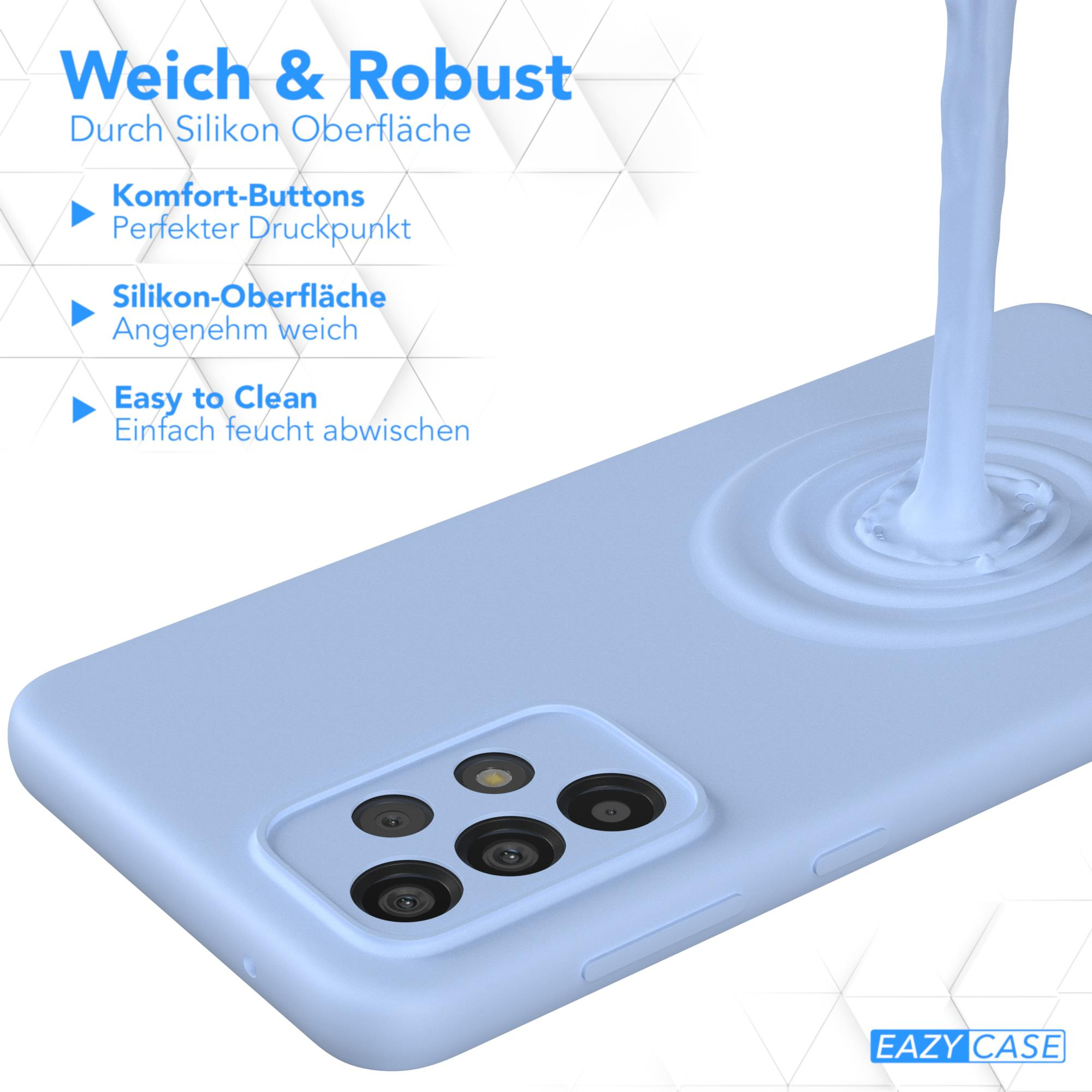 Hellblaue Handyhülle mit weißem Flüssigkeitsspritzer-Design auf weißem Untergrund mit Text.