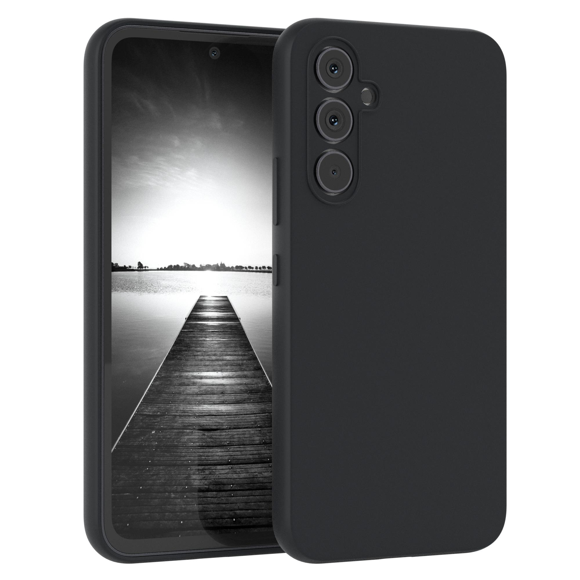 Schwarzes Telefon und Hülle, Bildschirm zeigt einen Steg über dem Wasser. Das Telefon ist in einer schwarzen Hülle.