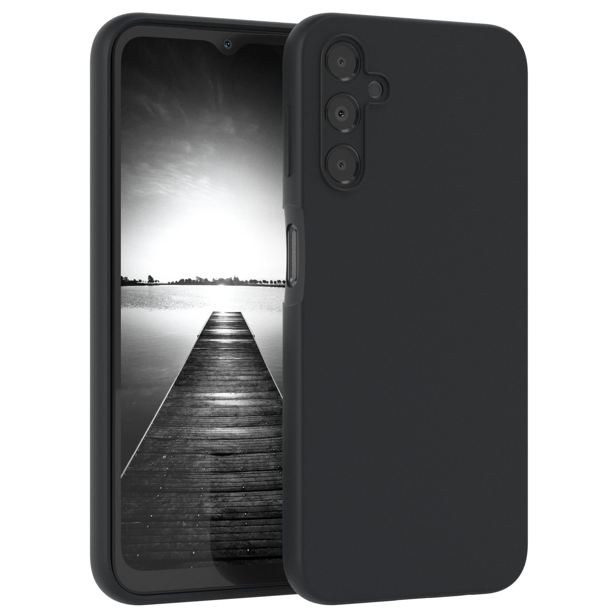 Schwarzes Telefon mit Case, Steg-Motiv, auf weißem Hintergrund.