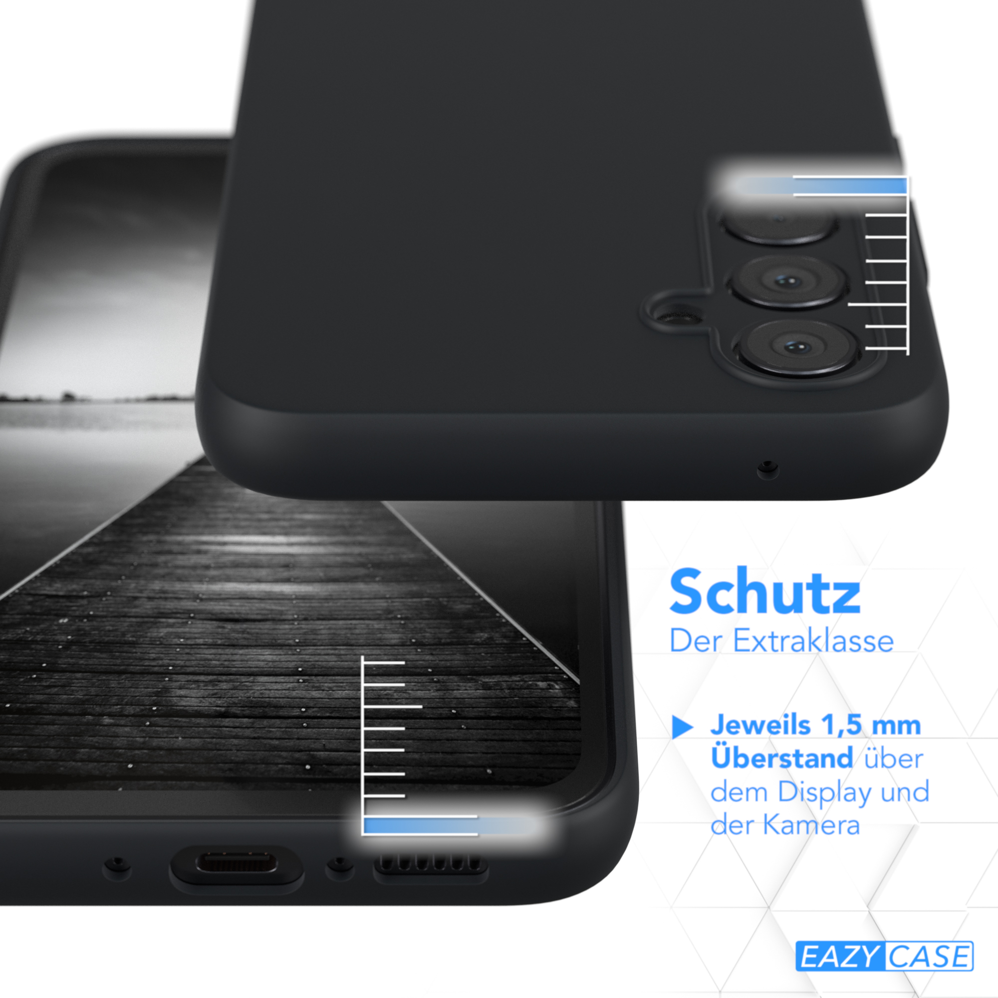 Nahaufnahme einer schwarzen Handyhülle. Telefon gezeigt, Text über Schutz. Dunkler Hintergrund.