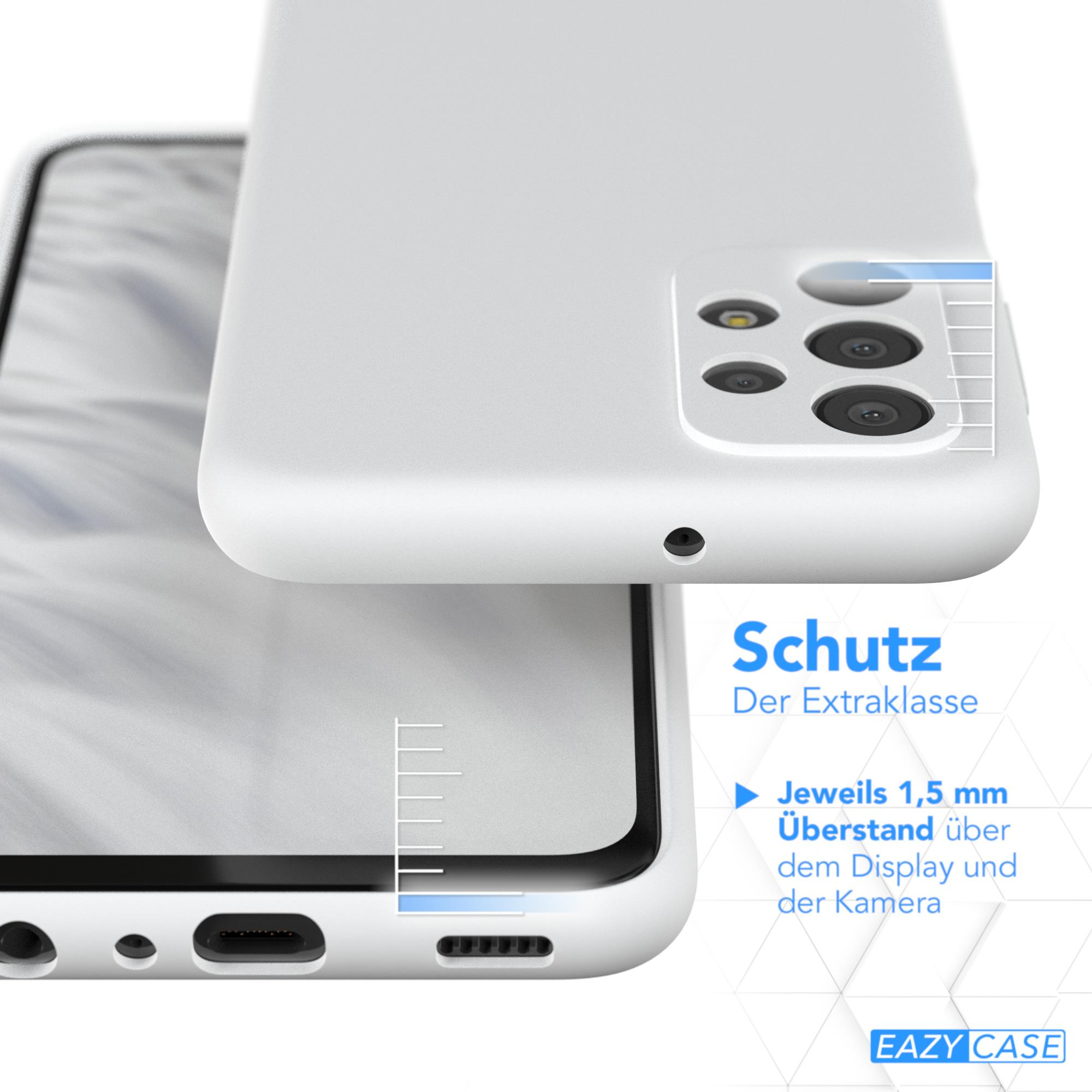 Weiße Handyhülle auf weißem Handy, zeigt Kamera und Anschlüsse. Die Hülle hat einen 1,5 mm Rand.