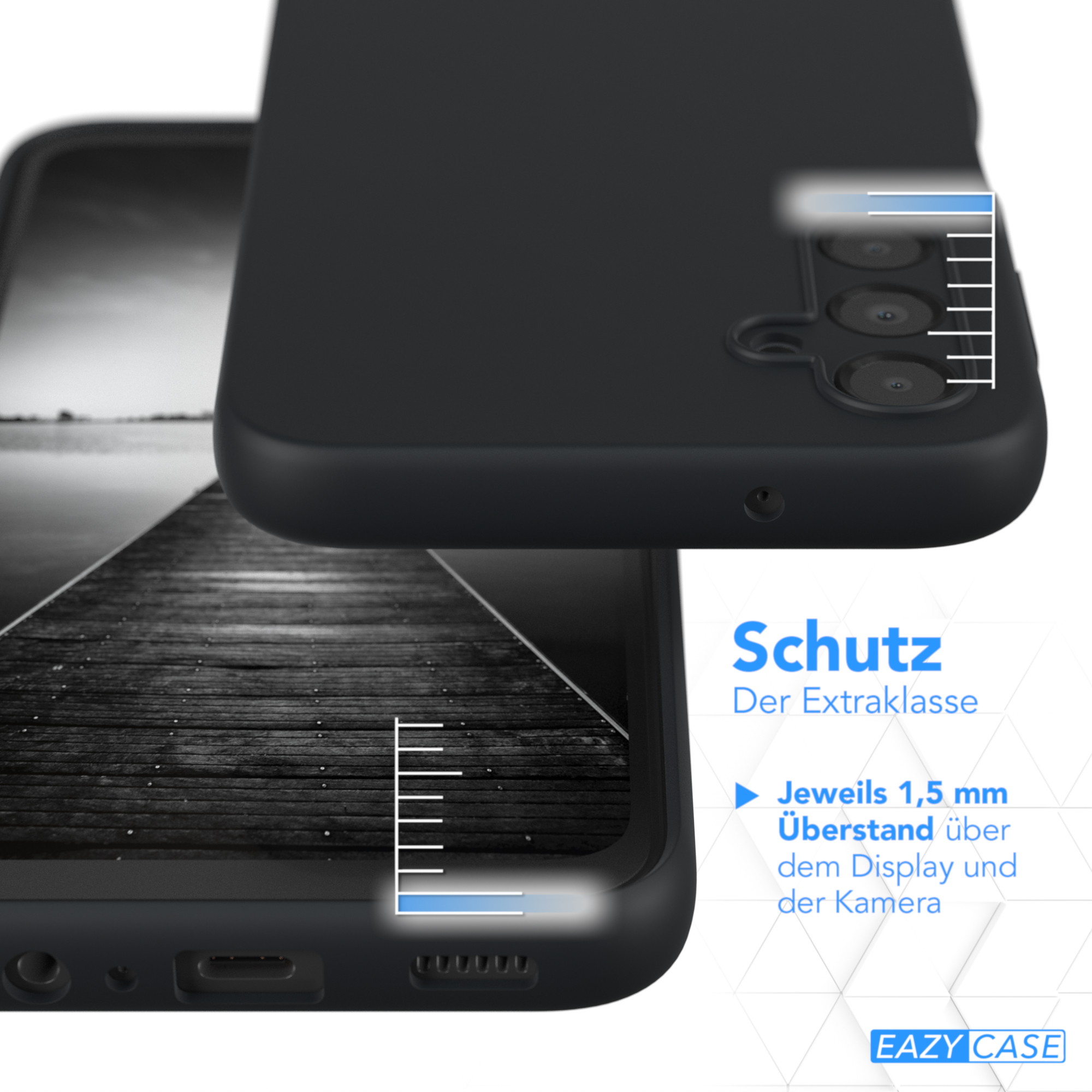 Schwarze Handyhülle über einem Telefon, mit Schutzdetails. Text: Schutz, 1,5 mm über Display und Kamera.