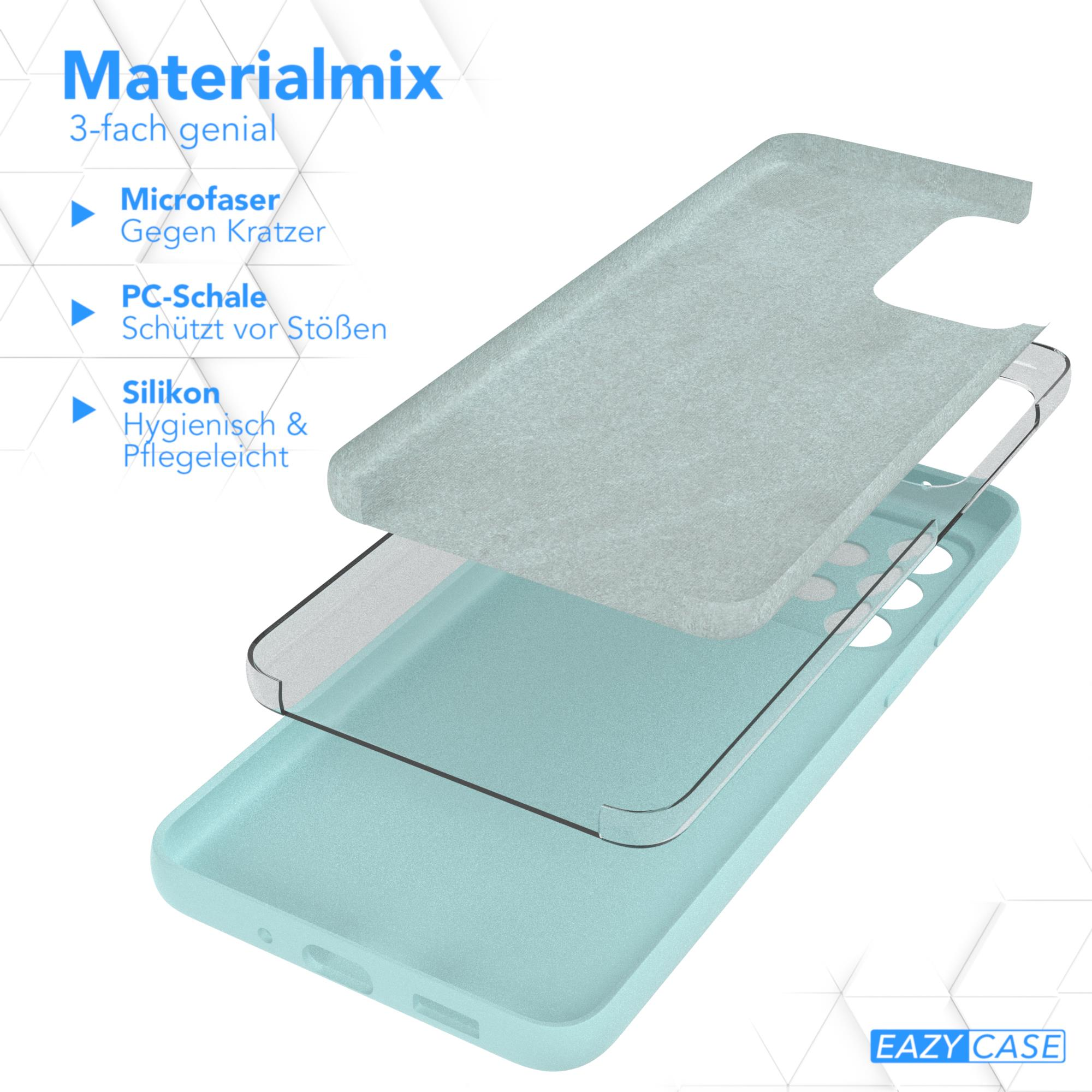 Explosionszeichnung eines Handycase mit blauen, transparenten und gelben Schichten. Text: Materialmix, 3-fach.