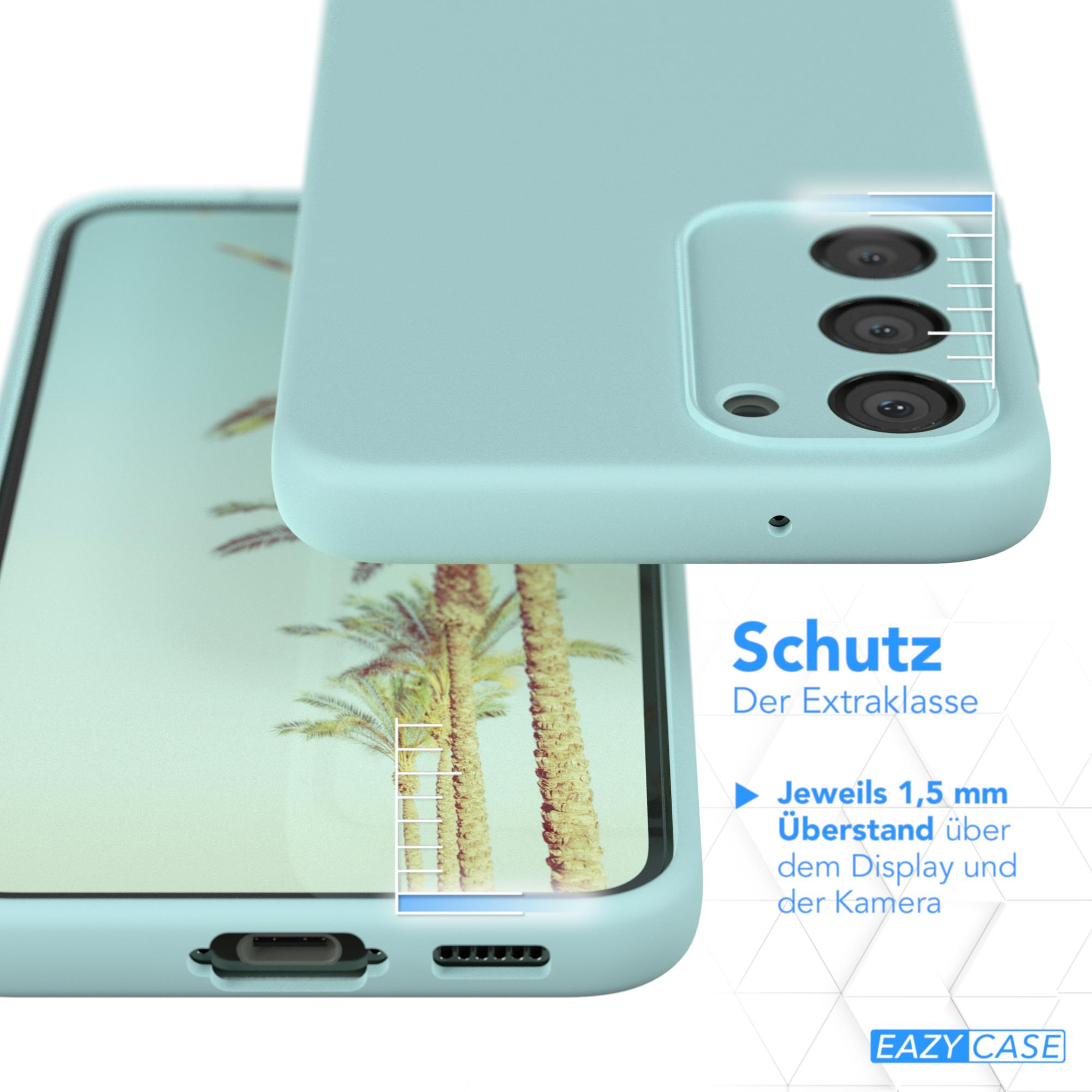 Hellblaue Handyhülle, die den Schutz der Kamera und des Displays des Telefons mit Messungen zeigt.