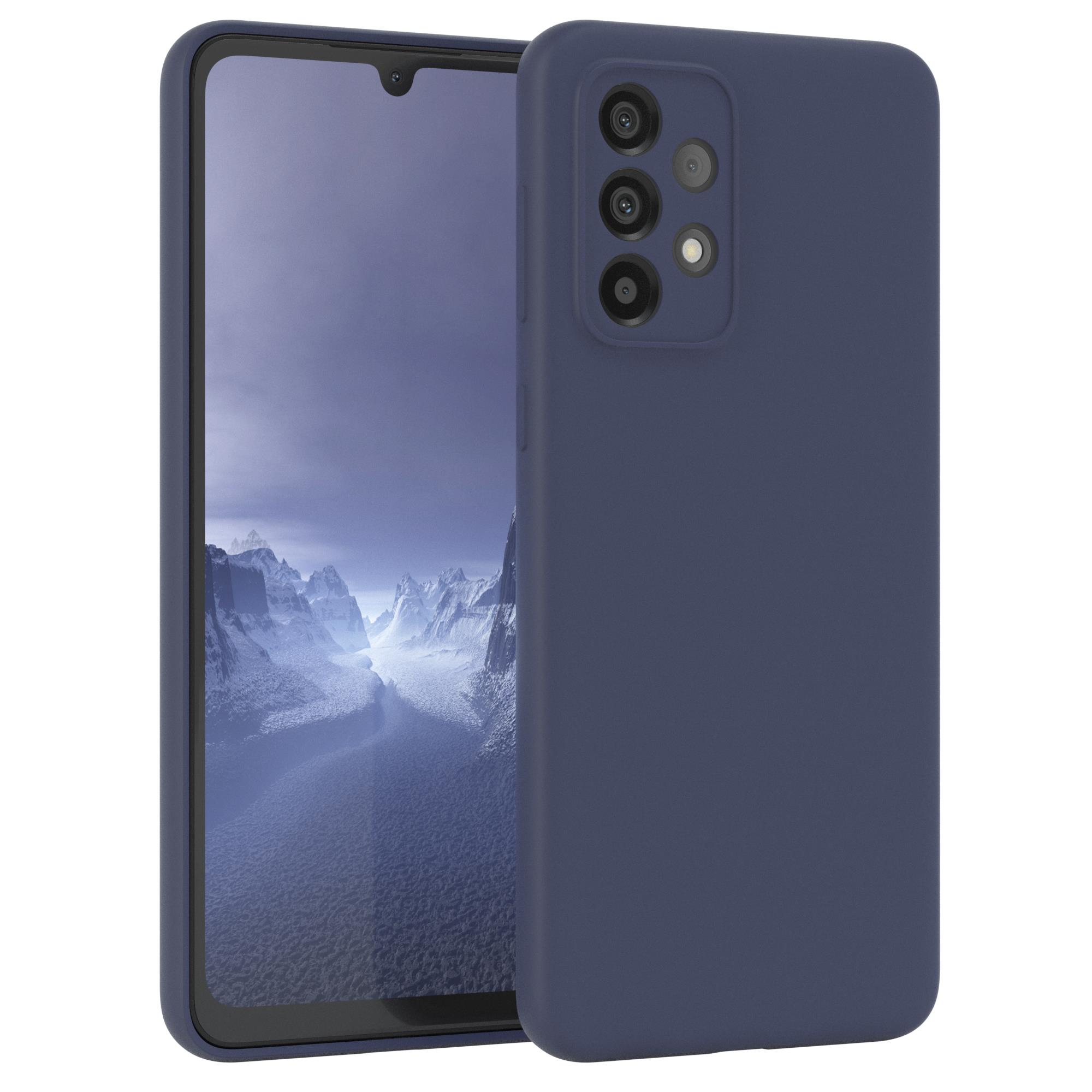 Marineblaue Handyhülle mit Telefon. Das Telefon hat einen Bildschirm und eine Kamera.