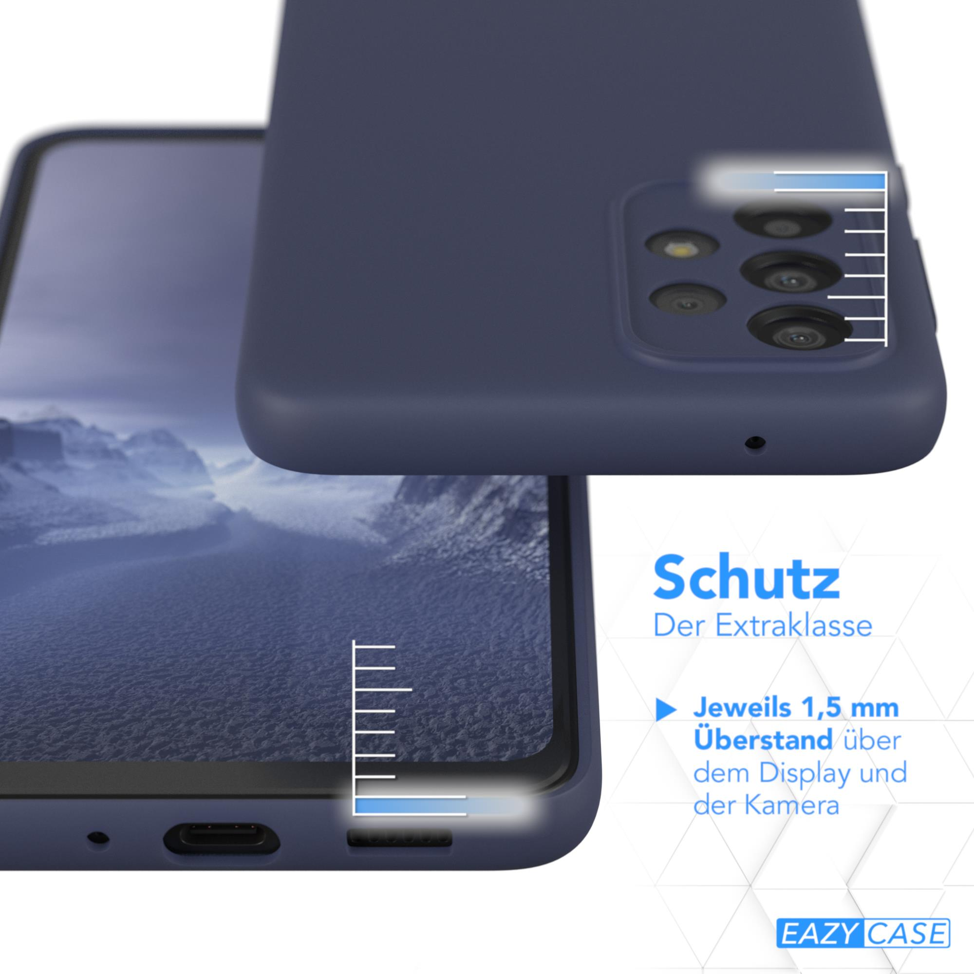 Marineblaue Handyhülle auf einem Telefon. Text über Schutz wird angezeigt.