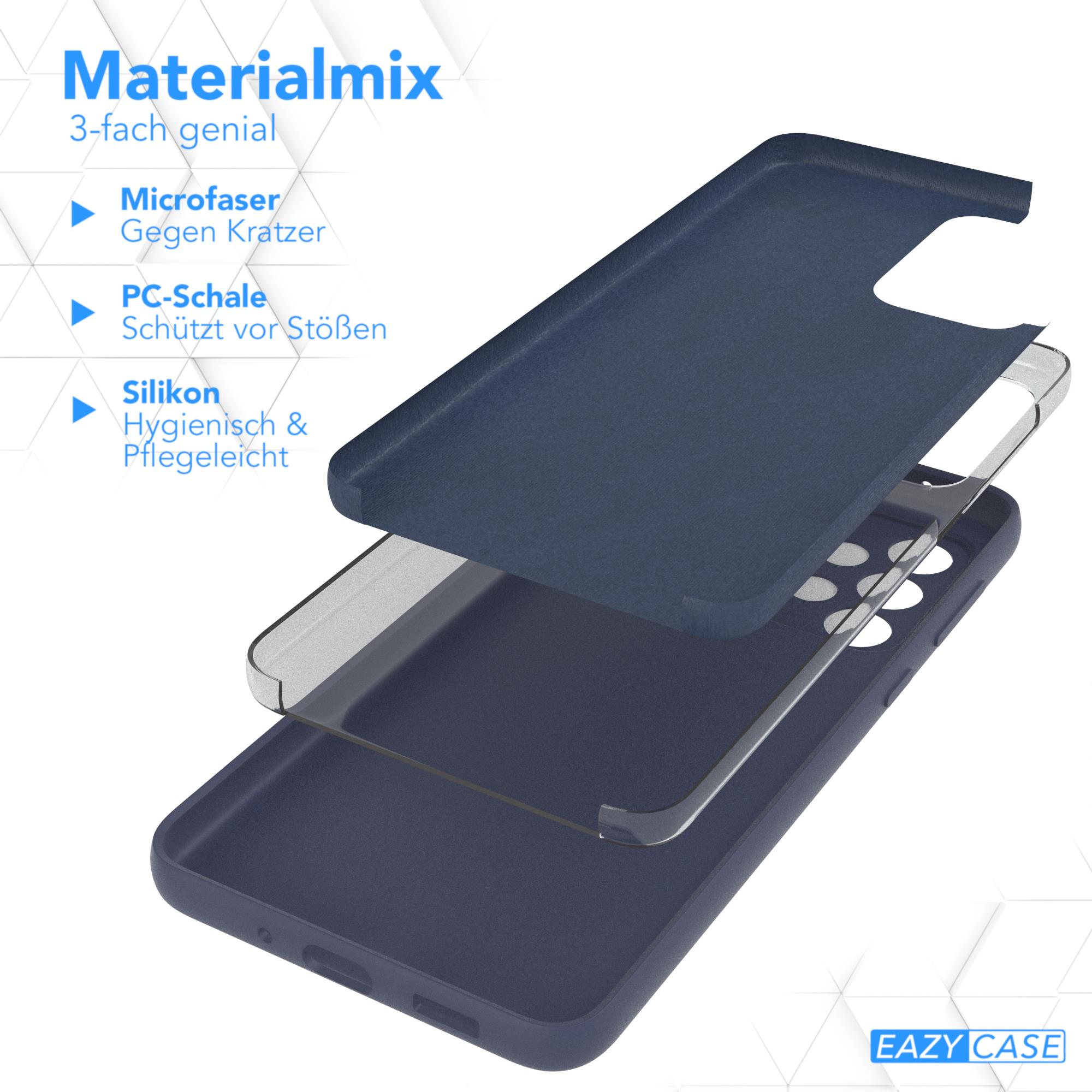 Handyhüllen-Schichten mit Textbeschreibungen, in Blau und transparent.