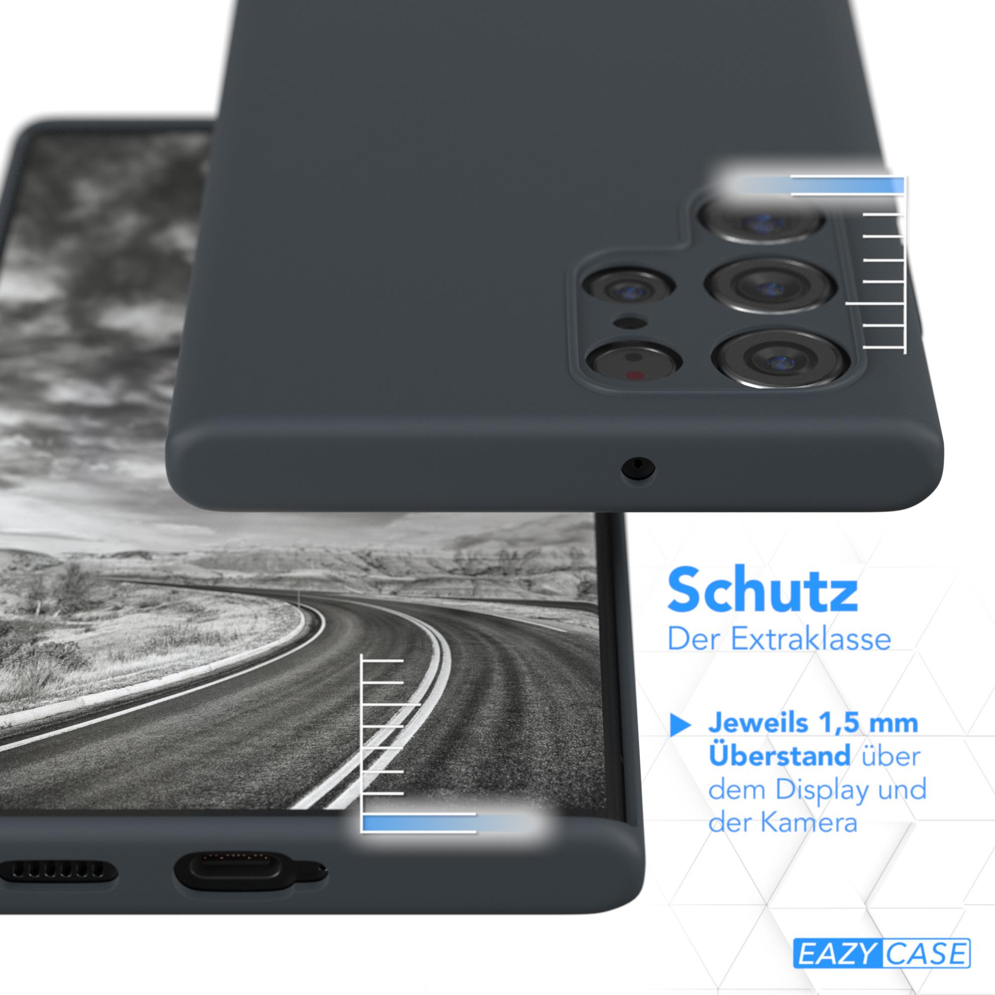 Eine dunkle Handyhülle wird über ein Telefon und eine Straße gelegt. Text weist auf Schutz hin.